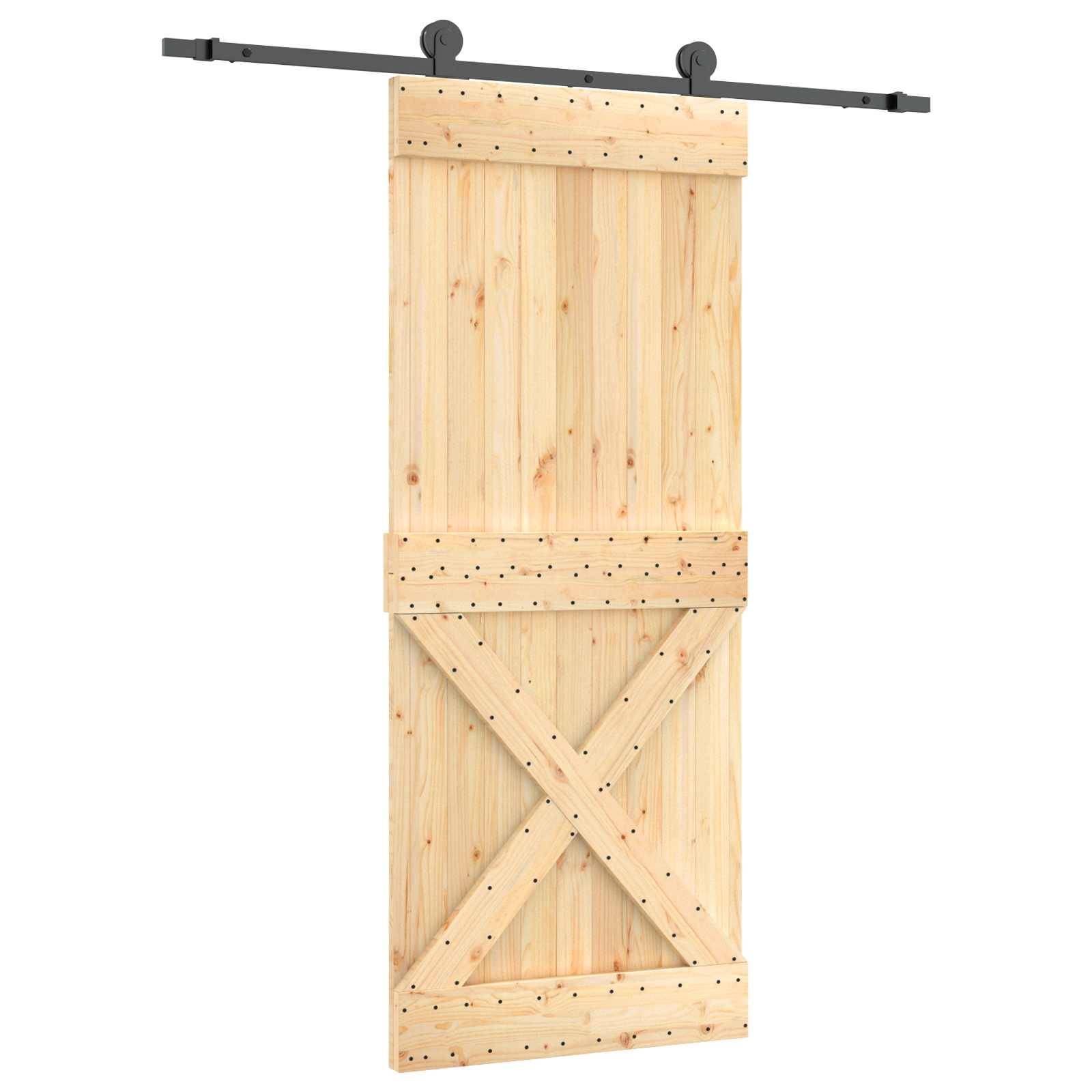 Holzscheunentür auf schwarzer Schiebespur, Vorderansicht mit diagonalen Kreuzstreben-Paneelen.