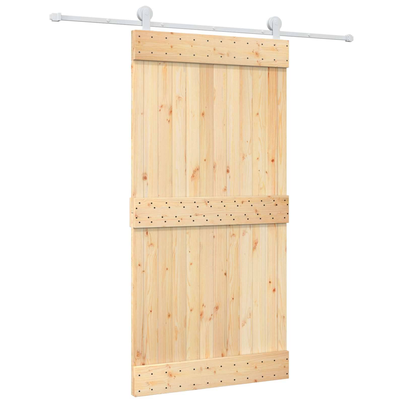 Schiebbare Holzscheunentür mit oben montierter Metallschiene und zwei horizontalen Streben, gezeigt vor einem schlichten weißen Hintergrund.
