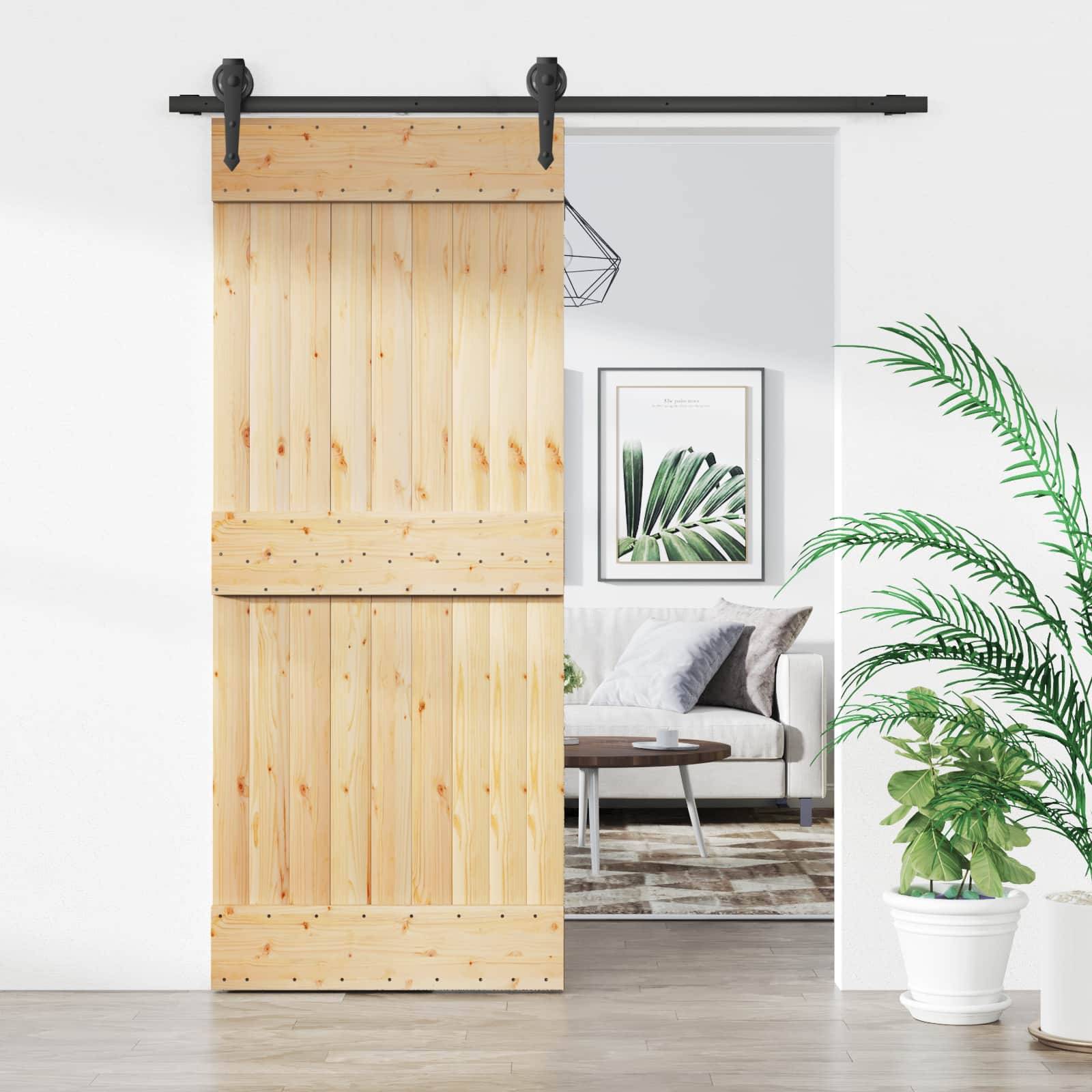 Holzschiebescheunentür teilweise geöffnet, die ein modernes Wohnzimmer mit Sofa, gerahmtem Pflanzendruck, Couchtisch und Topfpflanzen zeigt.
