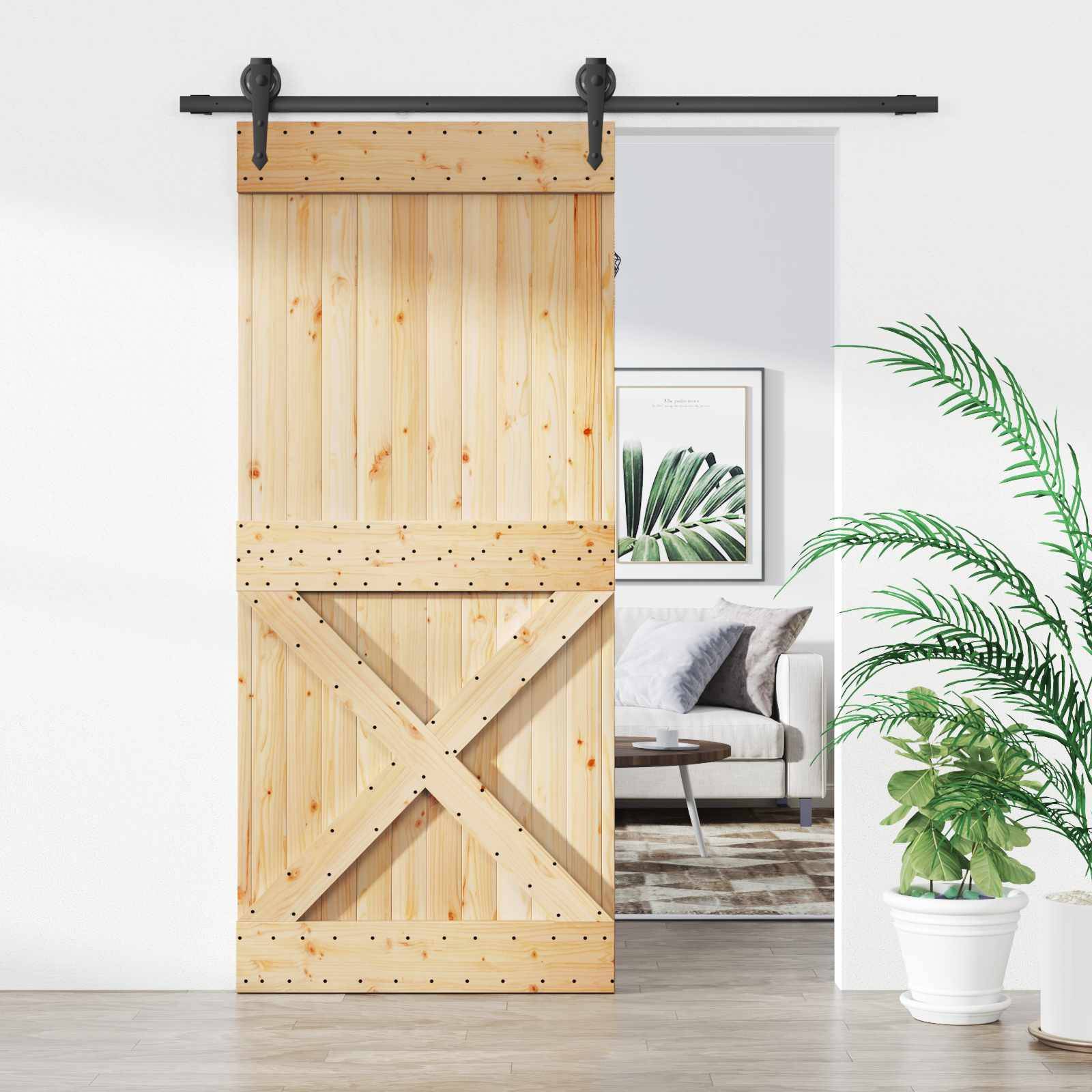 Holzscheune-ähnliche Schiebetür teilweise offen, die ein modernes Wohnzimmer mit Sofa und gerahmter Blattkunst zeigt, neben einer Topfpflanze.