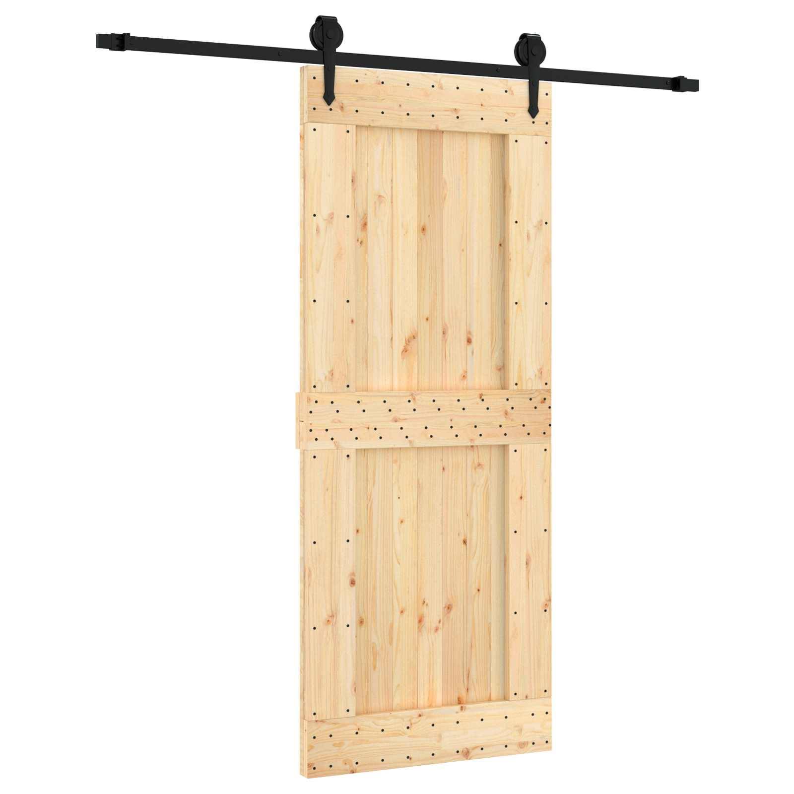 Holzscheunentür, die an einem schwarzen Schienensystem an weißem Hintergrund hängt.