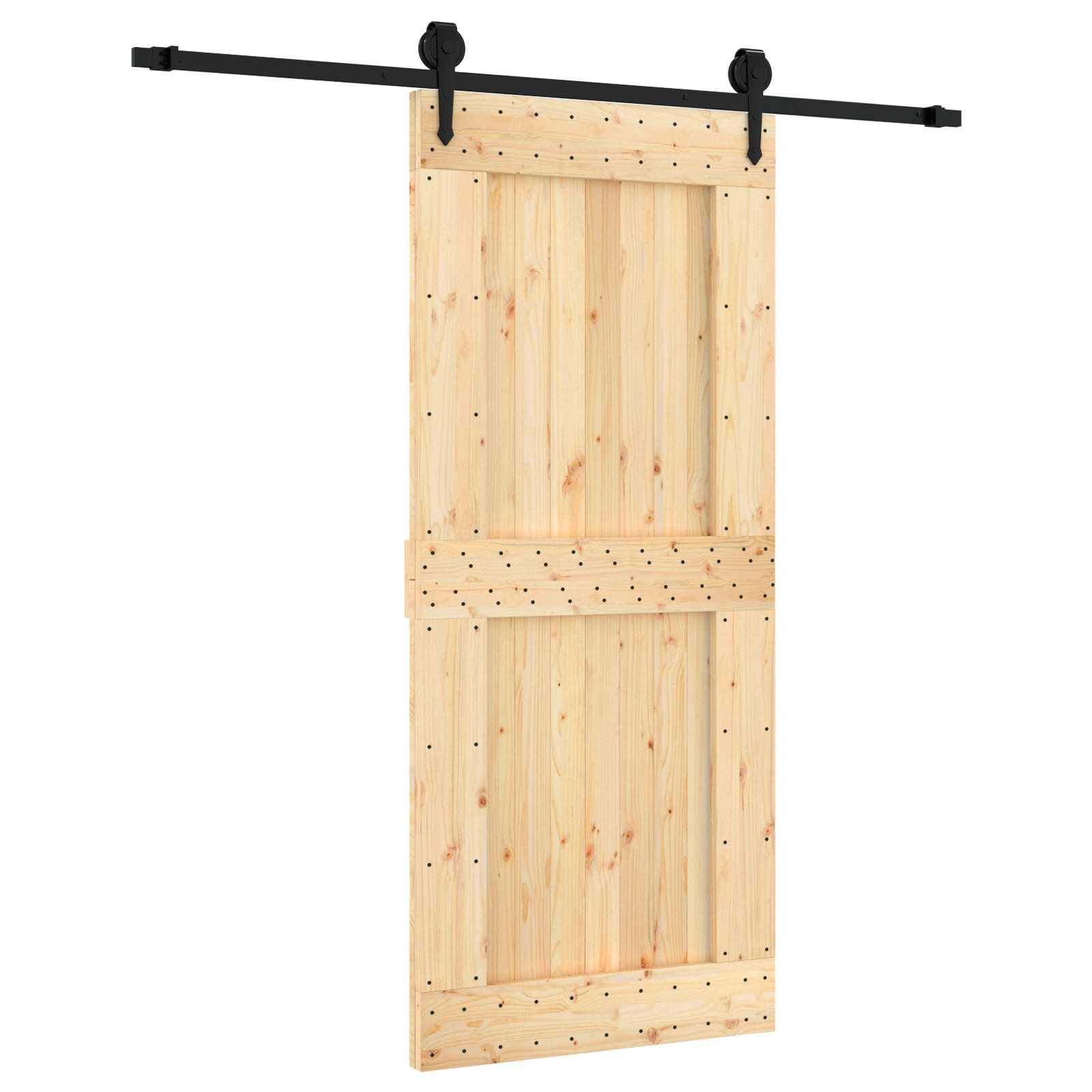 Holzschiebetor-Paneele für Scheunentüren mit schwarzer Oberschienen-Hardware, Vorderansicht auf weißem Hintergrund.