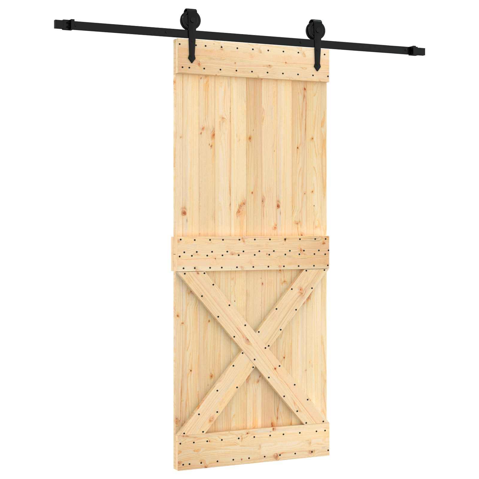 Schiebetür im Scheunenstil aus Holz auf schwarzer Metallschiene, mit diagonaler X-Aussteifung und Befestigungshardware oben.