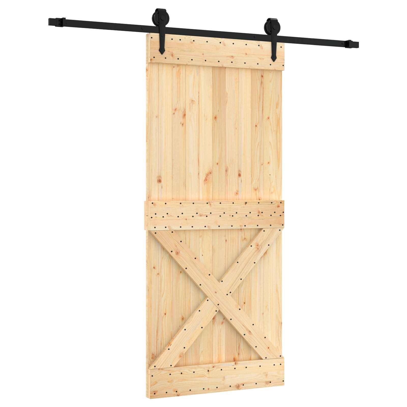 Holzscheunentor-Schiebetürpaneel mit diagonaler X-Aussteifung und schwarzem Metallgleis, das darüber montiert ist.