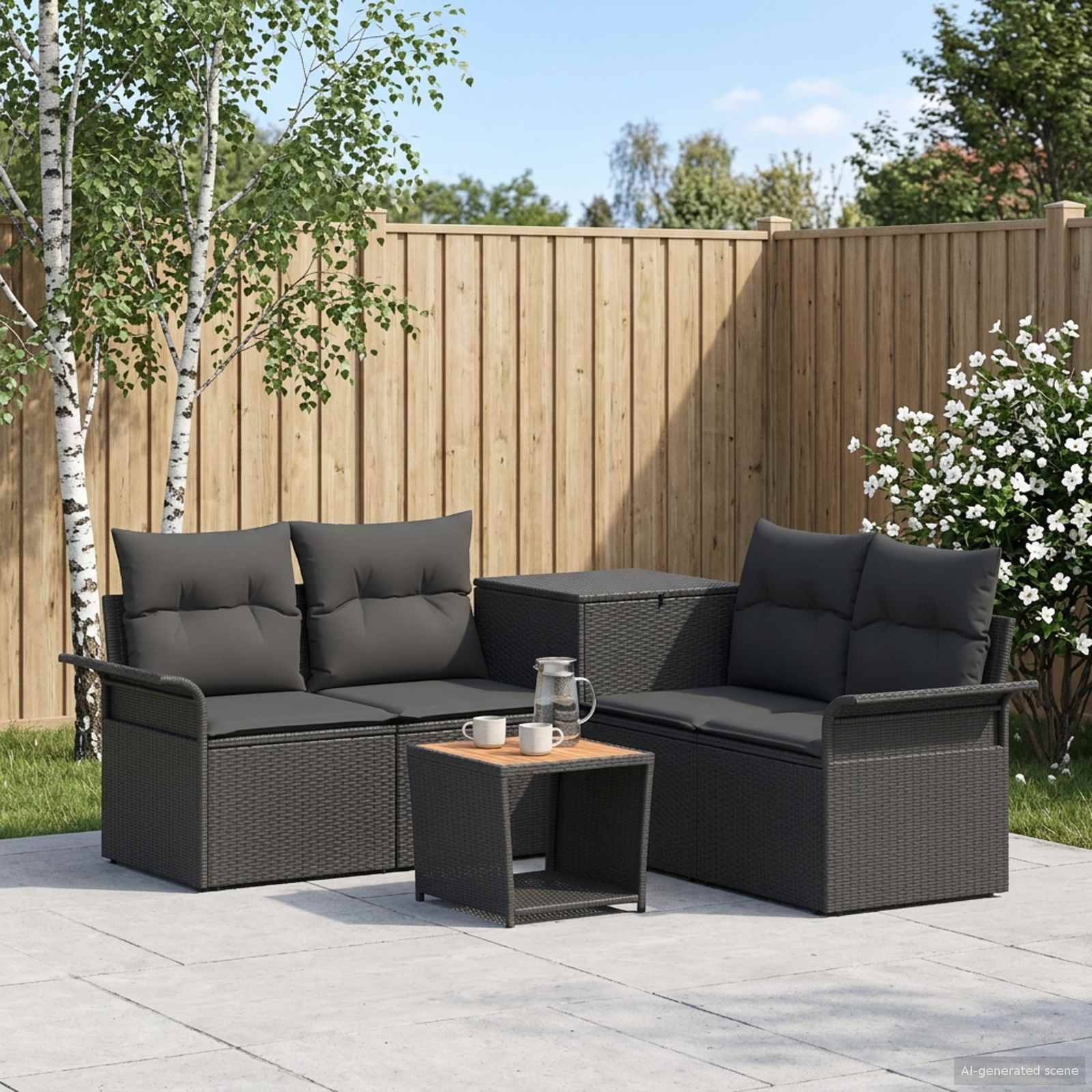 Outdoor-Terrassenmöbelset mit zwei schwarzen Rattansofa, kleinem Tisch und Getränken auf einer Steinterrasse neben einem Holzzaun und blühenden Sträuchern.