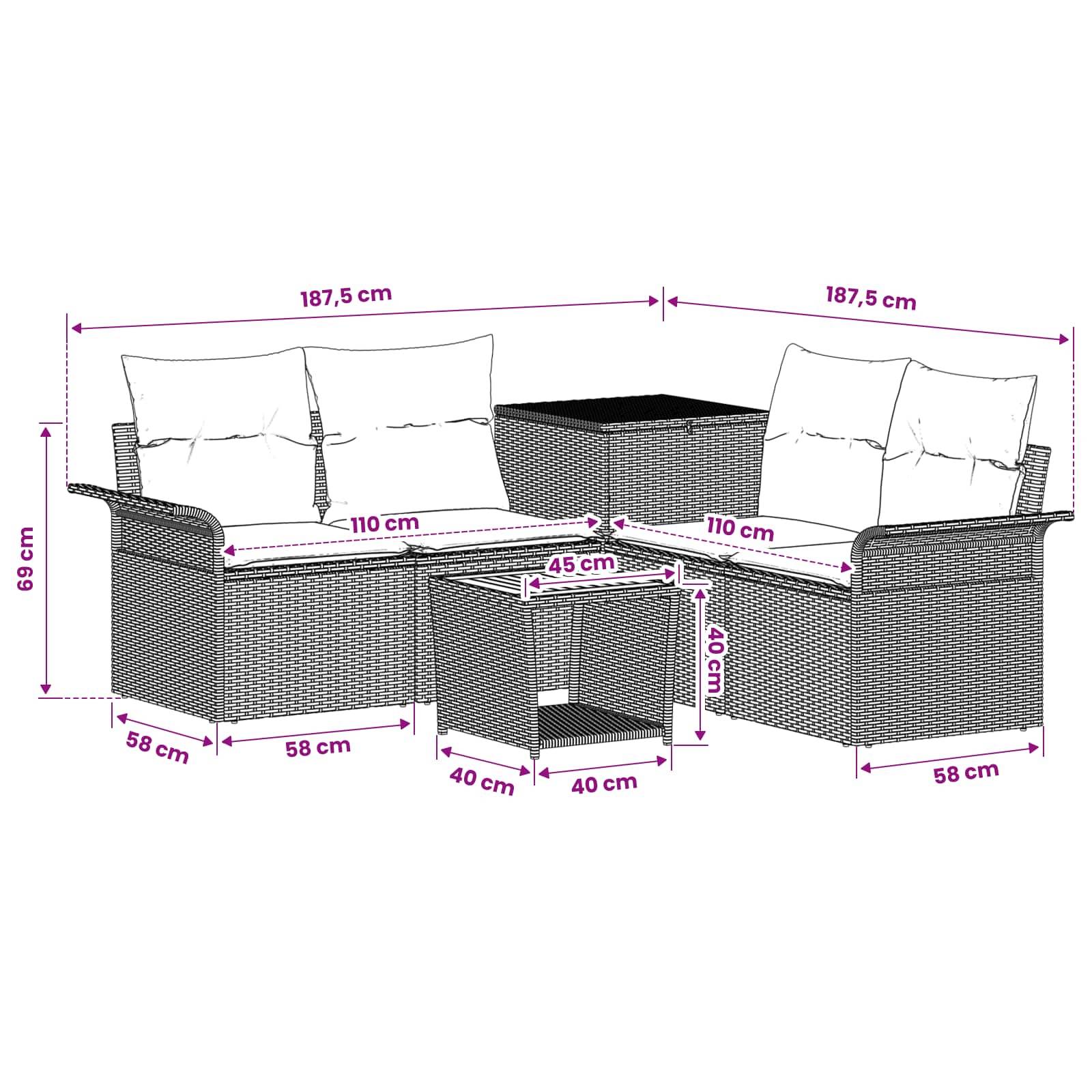 Diagramm eines Rattan-Eck-Terrassensofasatzes mit Couchtisch, mit Maßangaben: jede Seite 187,5 cm, Sitzhöhe 69 cm, Tisch 45 x 40 cm.