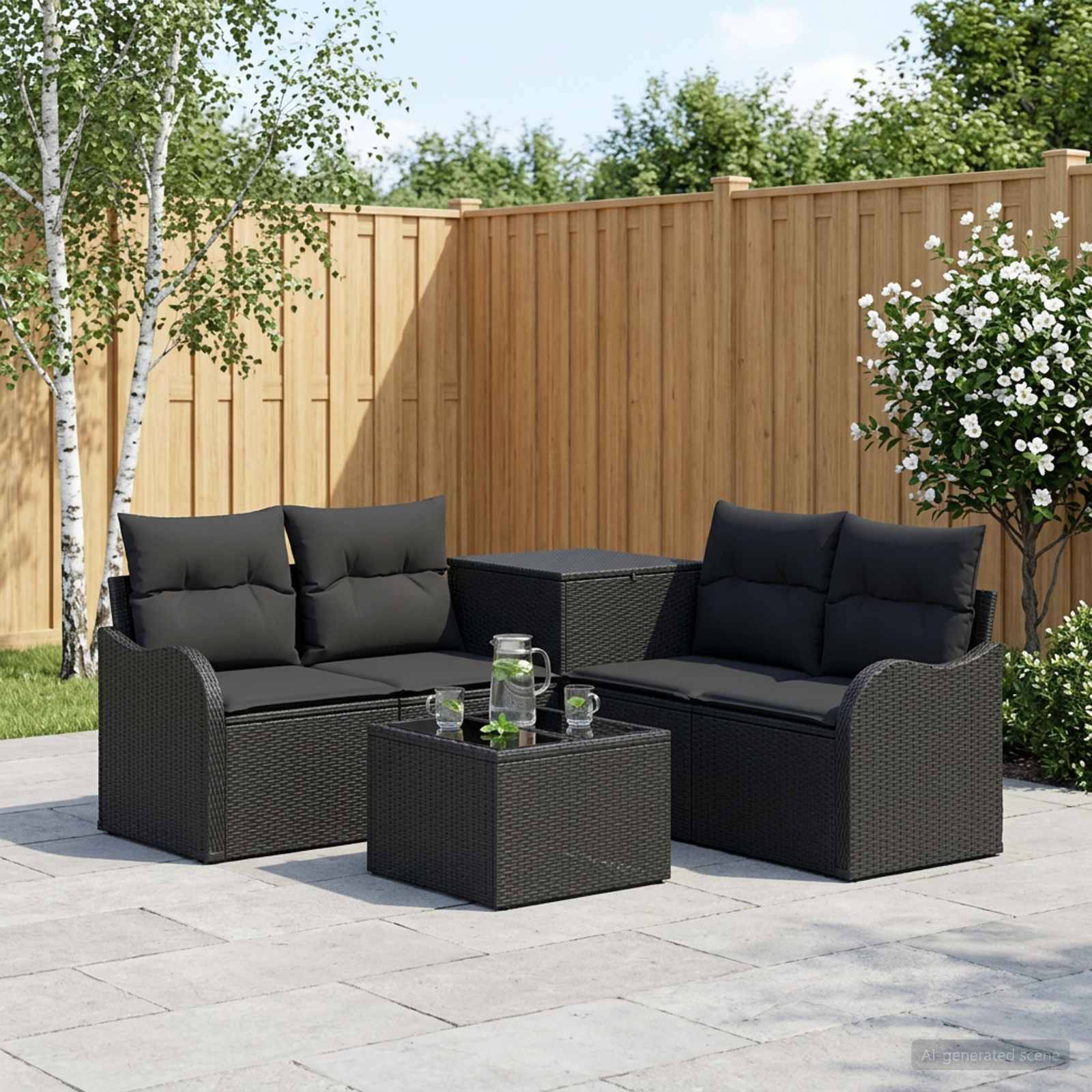 Outdoor-Terrassenmöbelset mit zwei schwarzen Korbgeflecht-Zweisitzern, passendem Couchtisch und Beistelltisch auf einer Steinterrasse neben einem Holzzaun und Gartensträuchern.