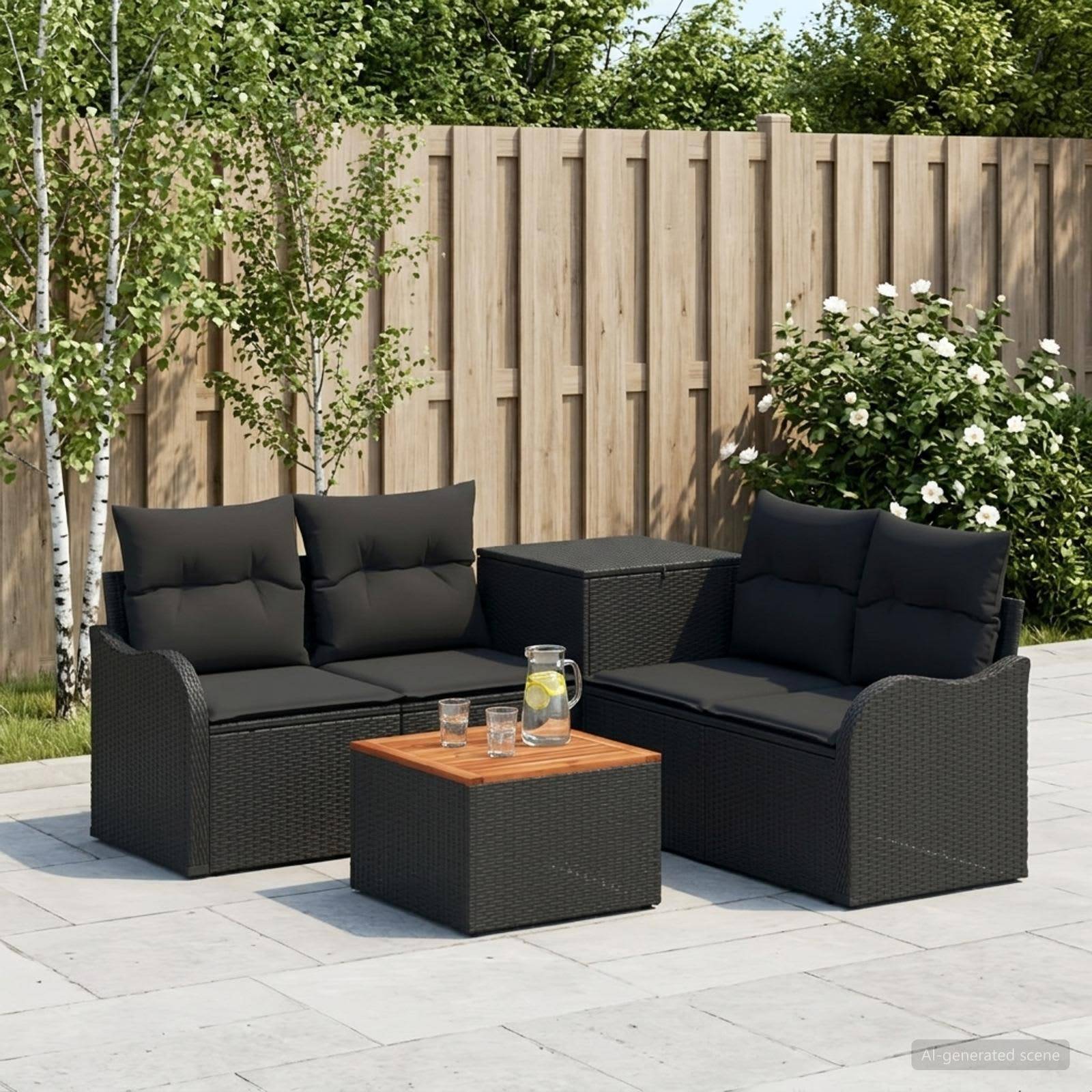 Outdoor-Sitzmöbel-Set mit zwei schwarzen gepolsterten Rattansofas, passendem Tisch und kleinem Getränketisch auf einer gepflasterten Terrasse neben einem Holzzaun und Pflanzen.