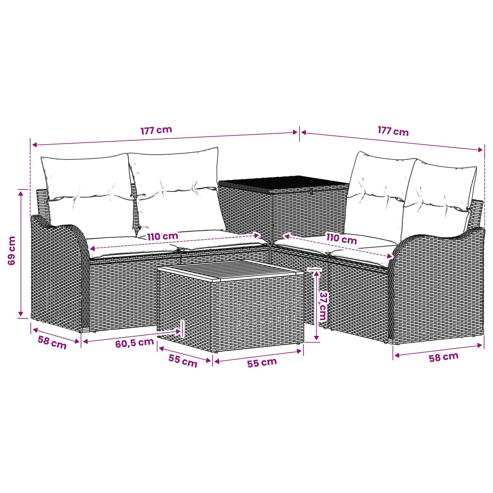 Diagramm einer zweiteiligen Rattan-Gartensofagarnitur mit weißen Kissen und passendem Couchtisch, mit Abmessungen in cm für jedes Einzelteil.