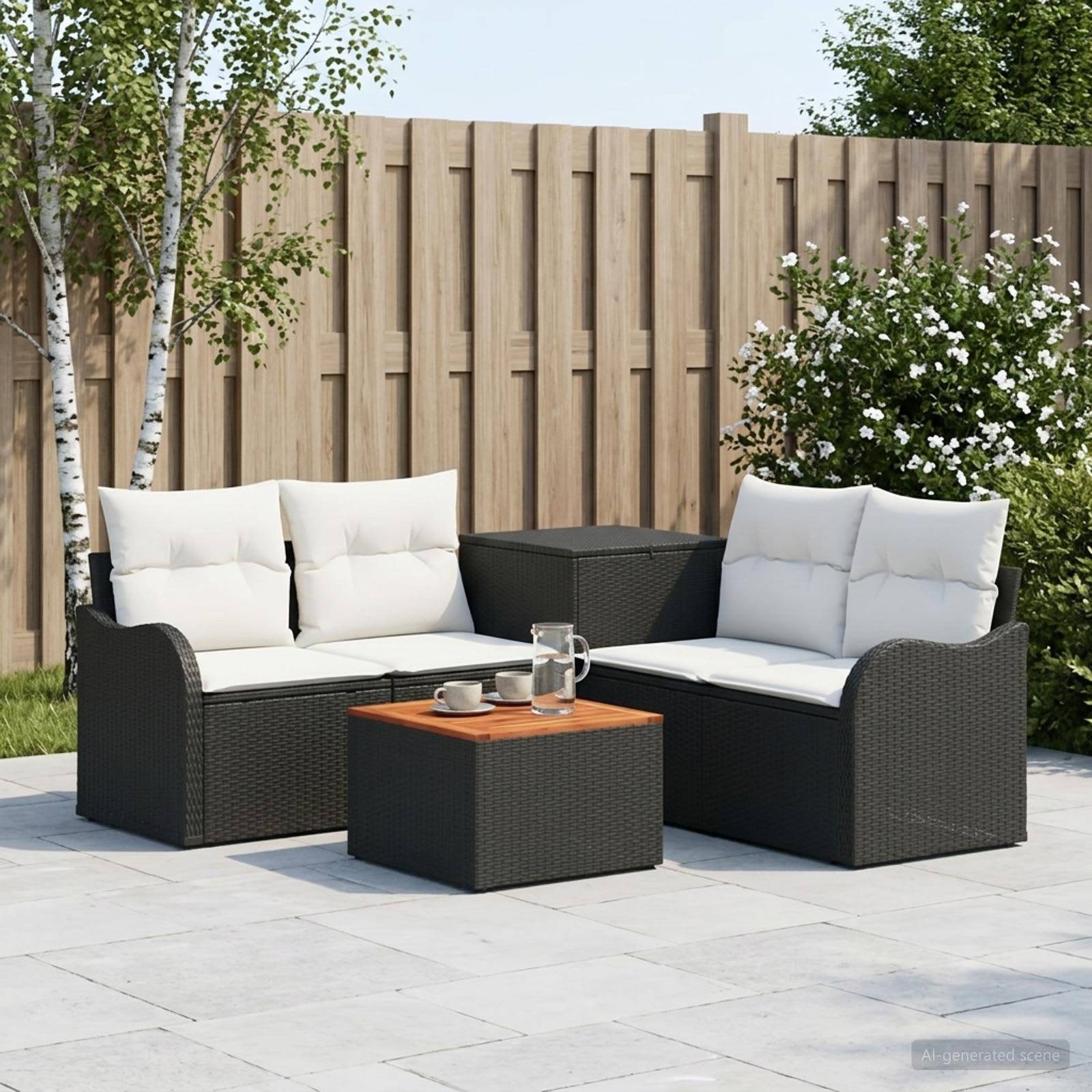 Gartenmöbel-Set für die Terrasse mit zwei schwarzen Korbmöbeln für zwei Personen, weißen Kissen und einem kleinen Couchtisch auf einer gefliesten Terrasse.