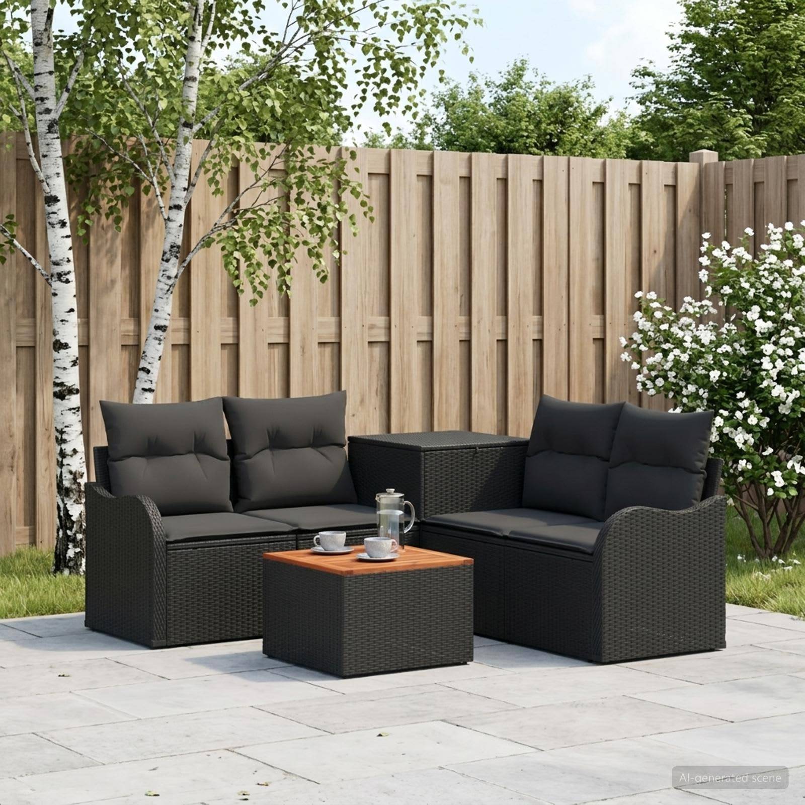 Outdoor-Terrassenmöbel mit schwarzem Rattan-Sofa und Loveseat, orangefarbigem Couchtisch und Blumenkübel-Beistelltisch auf einem gepflasterten Hof mit Holzzaun und Bäumen.
