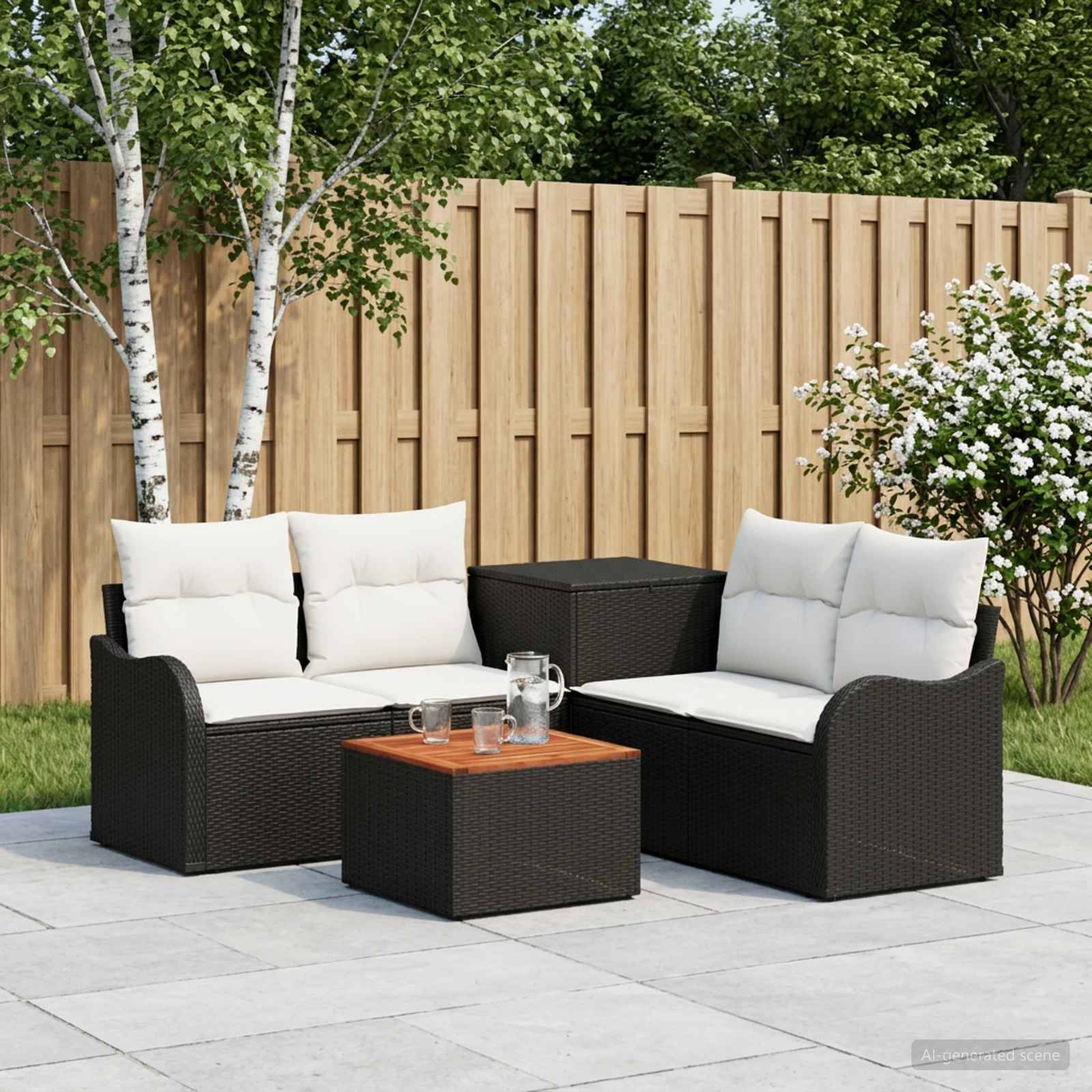 Outdoor-Sitzkombination mit zwei Korbmöbel-Sitzbänken im Rattanstil, zwei quadratischen Ottomanen und einem kleinen Couchtisch auf einer Steinterrasse neben einem Holzzaun und Sträuchern.