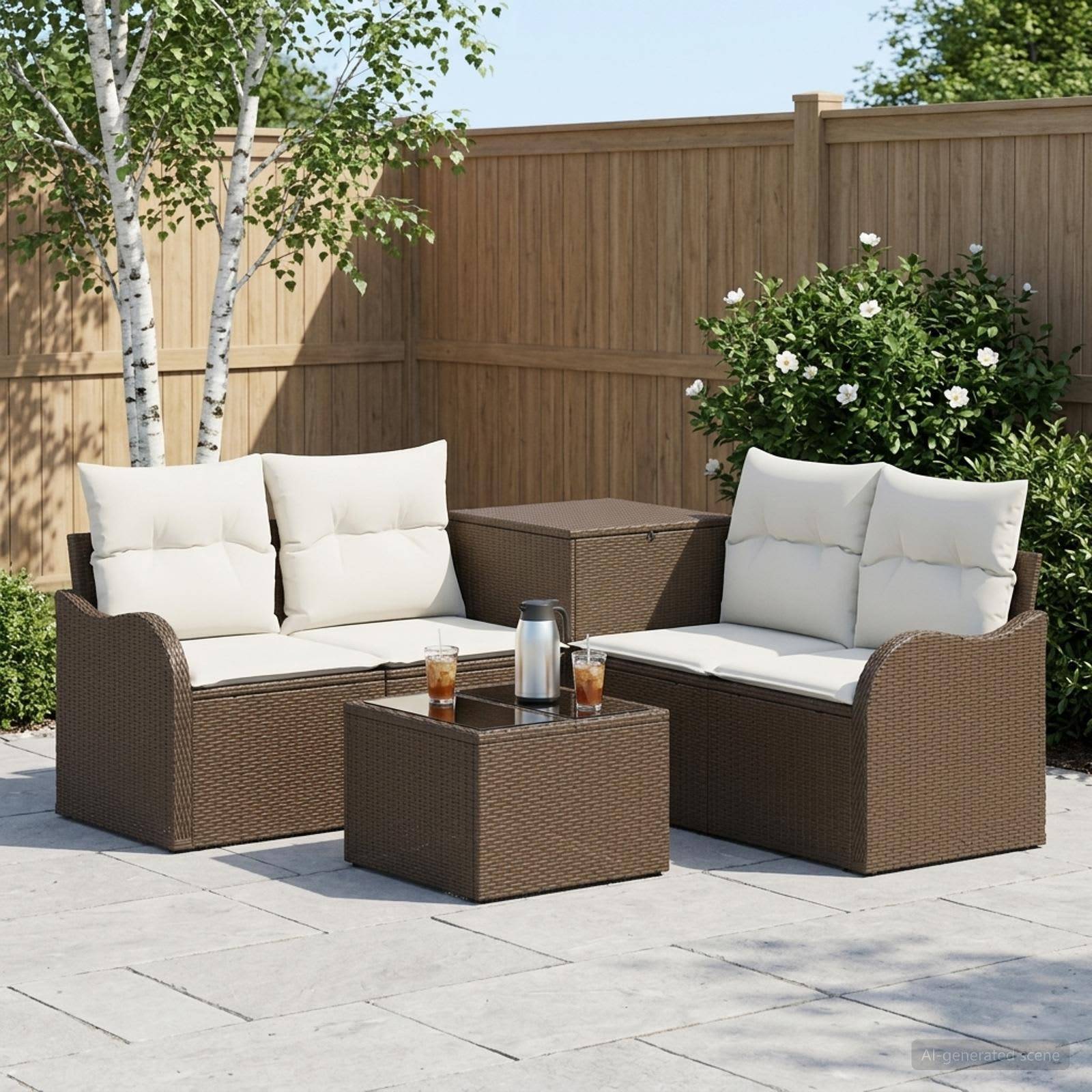 Outdoor-Patio-Sitzmöbel-Set mit zwei gepolsterten Korbstühlen, passendem Couchtisch und einer Stauraum-Ottomane vor einem Holzzaun.