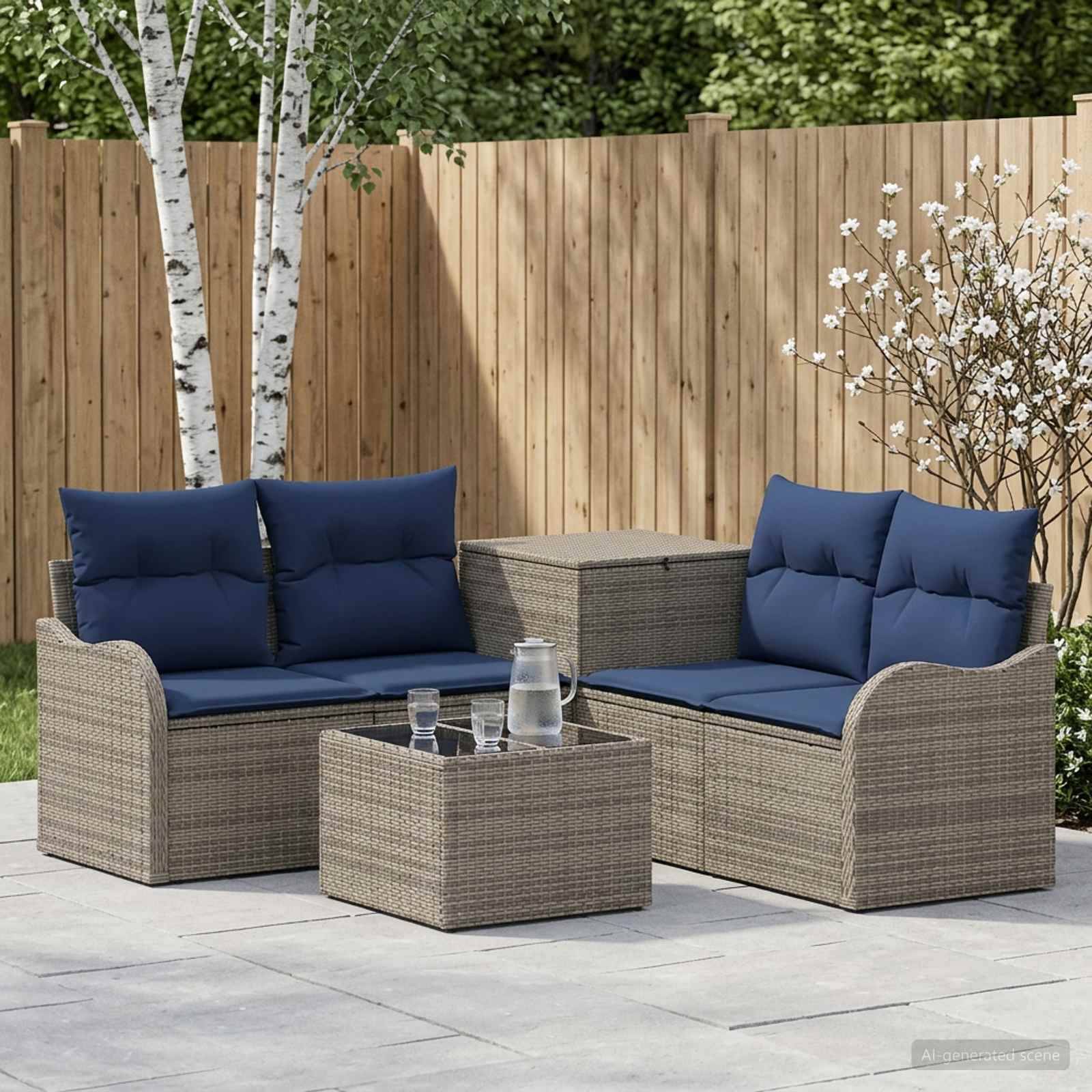 Gartenplatz-Sitzkombination mit zwei Korbsesseln, marineblauen Kissen und passendem Couchtisch auf einer Steinterrasse neben einem Holzzaun.