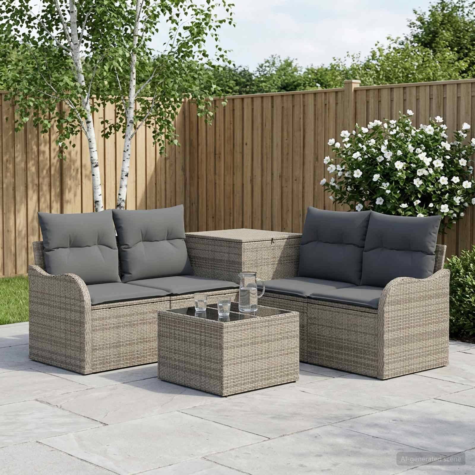 Outdoor-Sitzmöbel-Set mit zwei Korbliebessitzen, Couchtisch und Beistelltisch auf einer Steinveranda neben einem Holzzaun und einem blühenden Strauch.