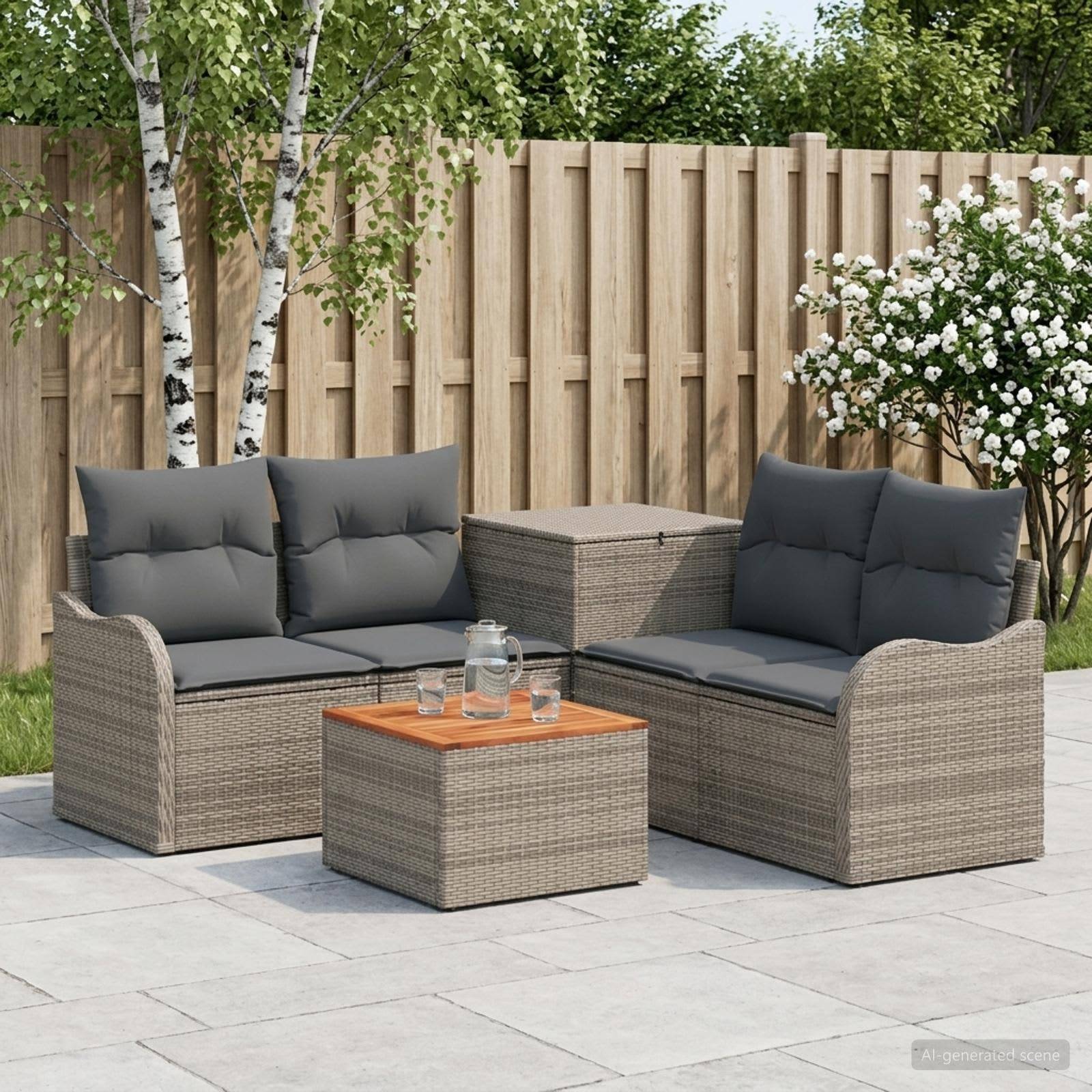 Outdoor-Sitzmöbelset für die Terrasse mit zwei Korbsofas, einer passenden Stauraum-Ottomane und einem kleinen Tisch mit Gläsern in einem Hinterhofgarten.