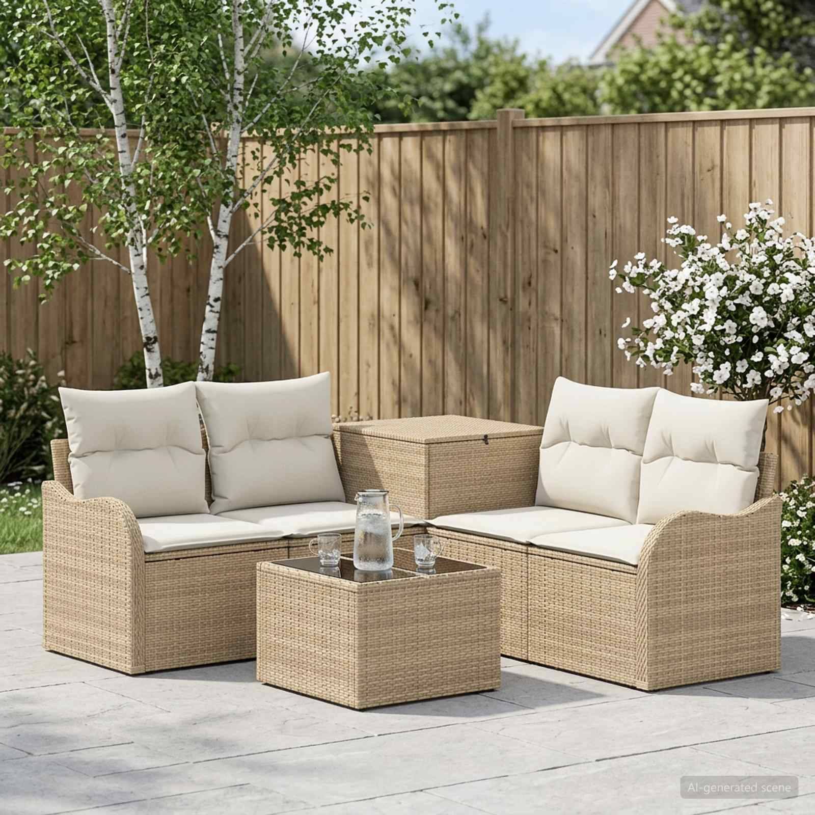Outdoor-Terrassenmöbel-Set mit zwei beigefarbenen Korb-Zweisitzern, passendem Hocker und Glastisch auf einer Steinterrasse neben einem Holzzaun und Blumen.