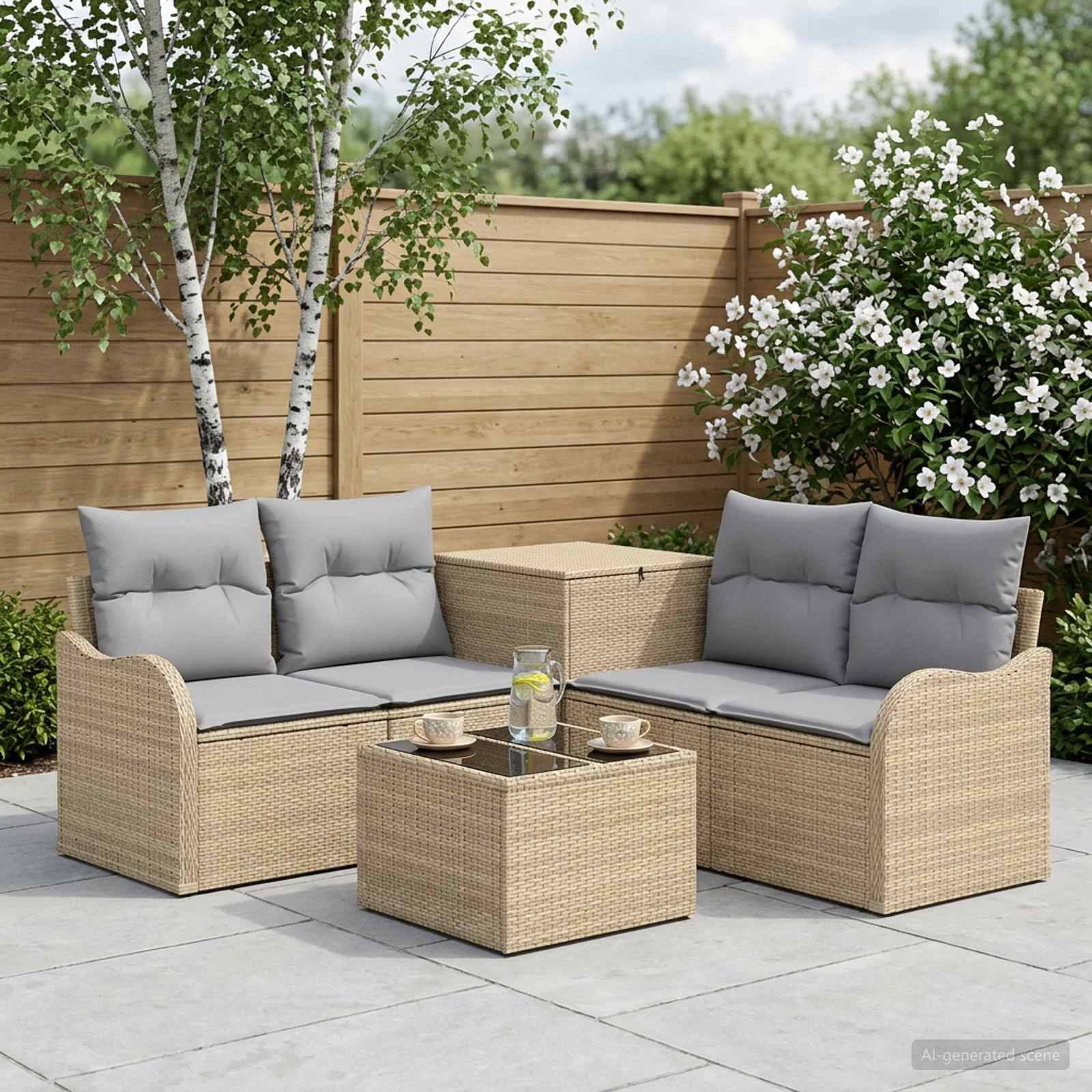 Gartenterrassen-Sitzmöbelset mit zwei Korbsofas, passenden Ottomanen und einem Couchtisch mit Getränken, in einer eingezäunten Gartenanlage
