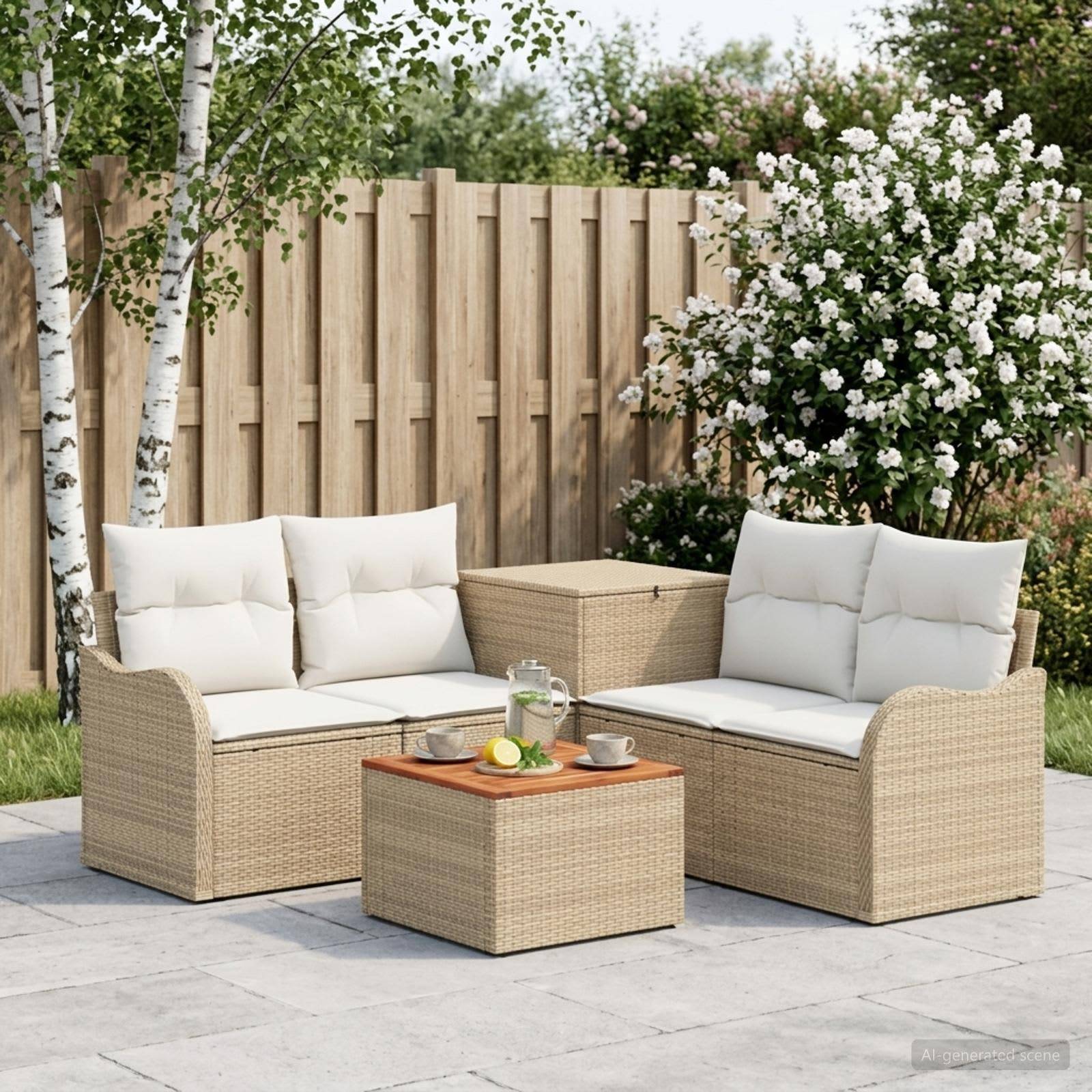 Outdoor-Terrassenmöbelset mit zwei Korbsofas, passendem Tisch und kleinem Getränketisch auf einer Steinterrasse neben einem Holzzaun und blühenden Büschen.