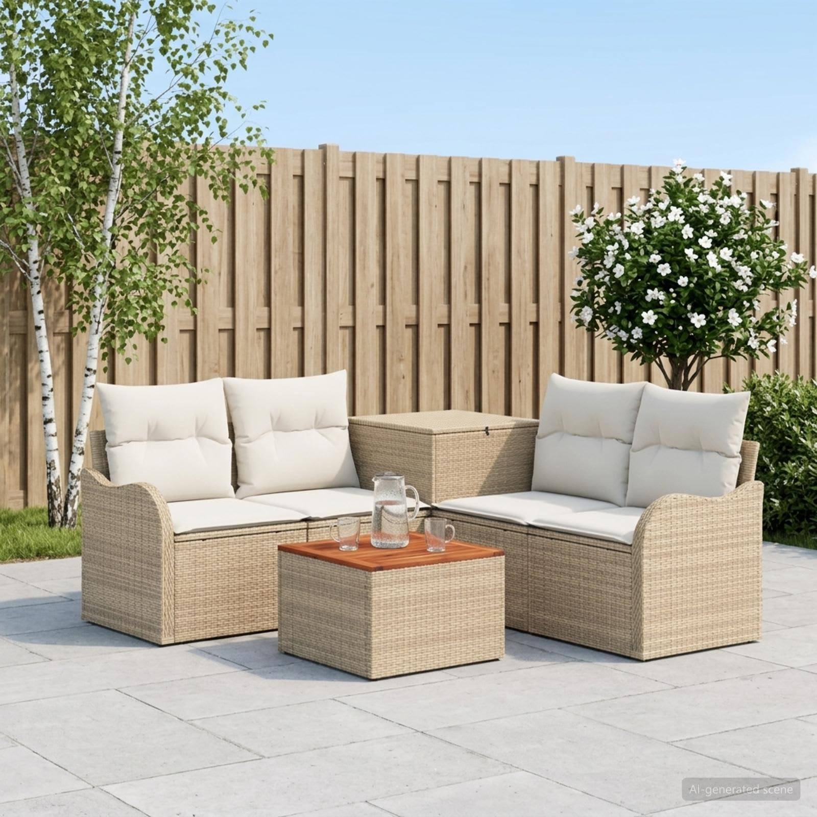 Outdoor-Sitzgarnitur für die Terrasse mit zwei Korbliebessitzen, Couchtisch und Kissen auf einer gepflasterten Terrasse neben einem Holzzaun und Bäumen.