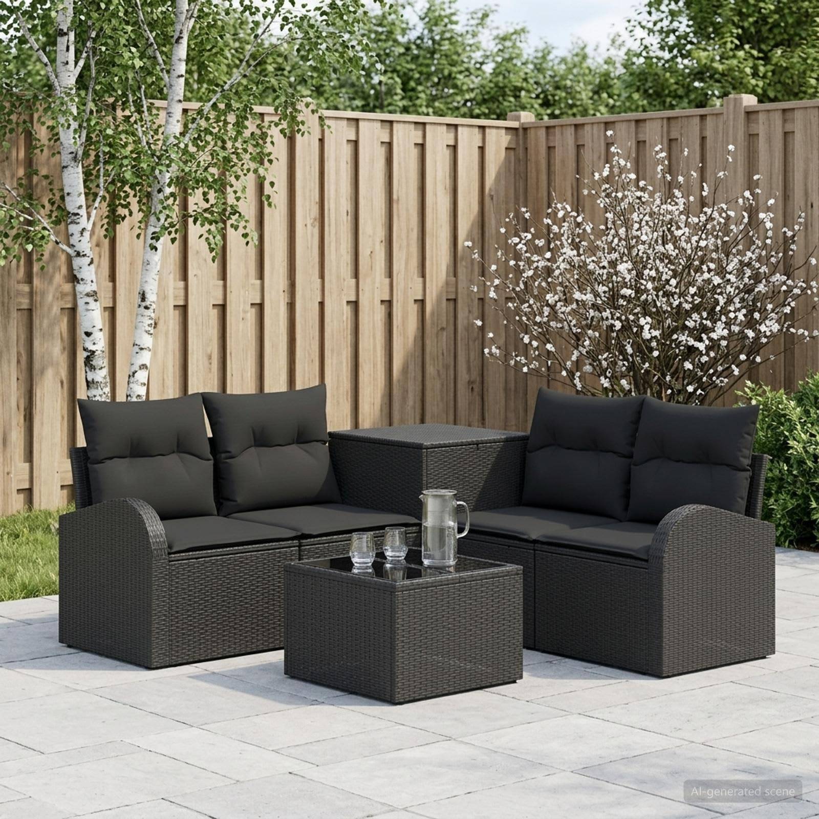 Außenbereich der Terrasse mit schwarzem Rattansektional-Sofa, passendem Tisch und Glaskrug, vor einem Holzzaun und blühenden Sträuchern.