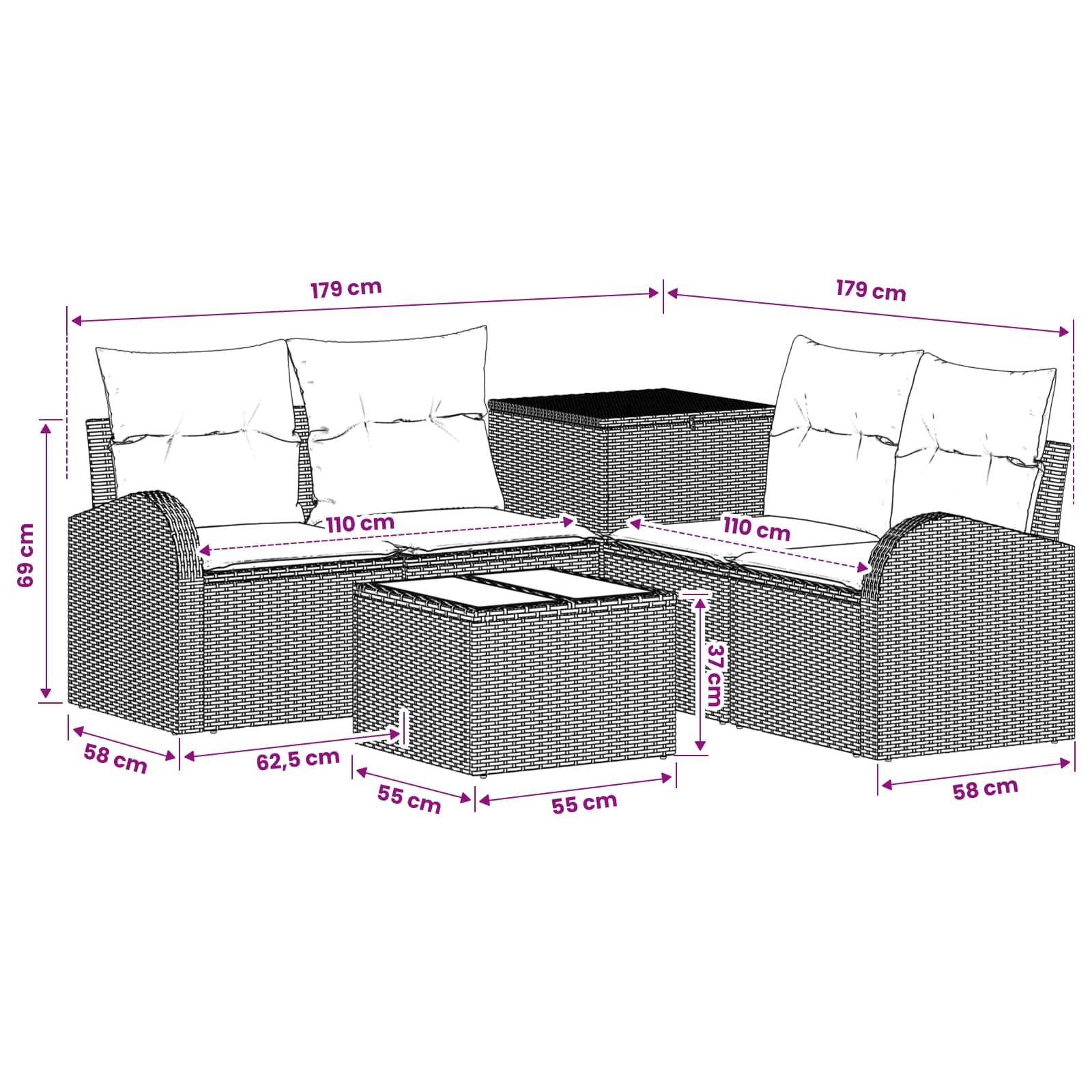 Maßstabszeichnung eines Outdoor-Ecksofa-Sets mit zwei Zweisitzern, Ecktisch und Couchtisch; Gesamtbreite 179 cm pro Seite, Sitzhöhe 69 cm, Tischhöhe 37 cm.