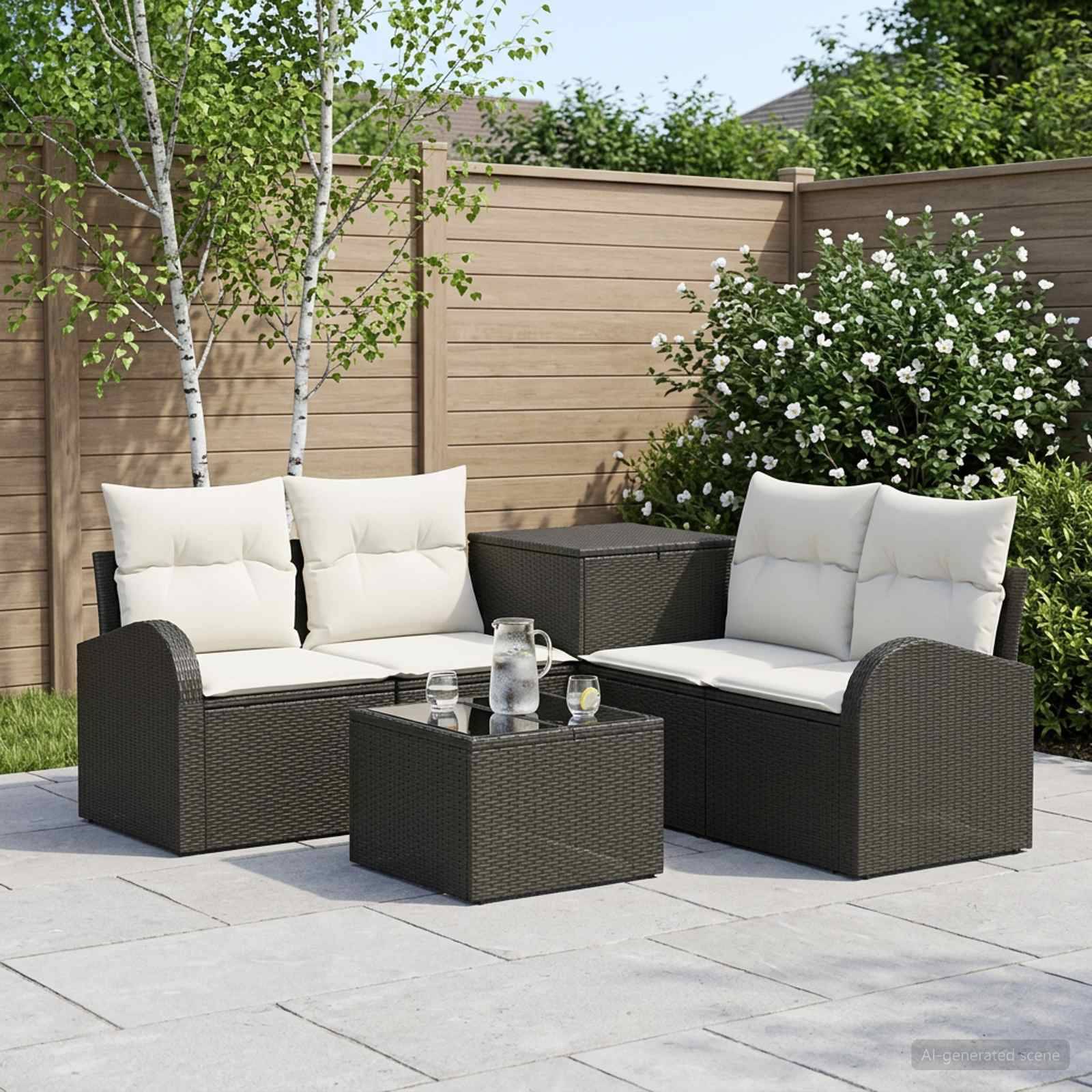 Gartenbereich mit zwei Korb-Zweisitzern, Kissen und einem Couchtisch auf Steinplatten neben einem Holzzaun und Sträuchern.