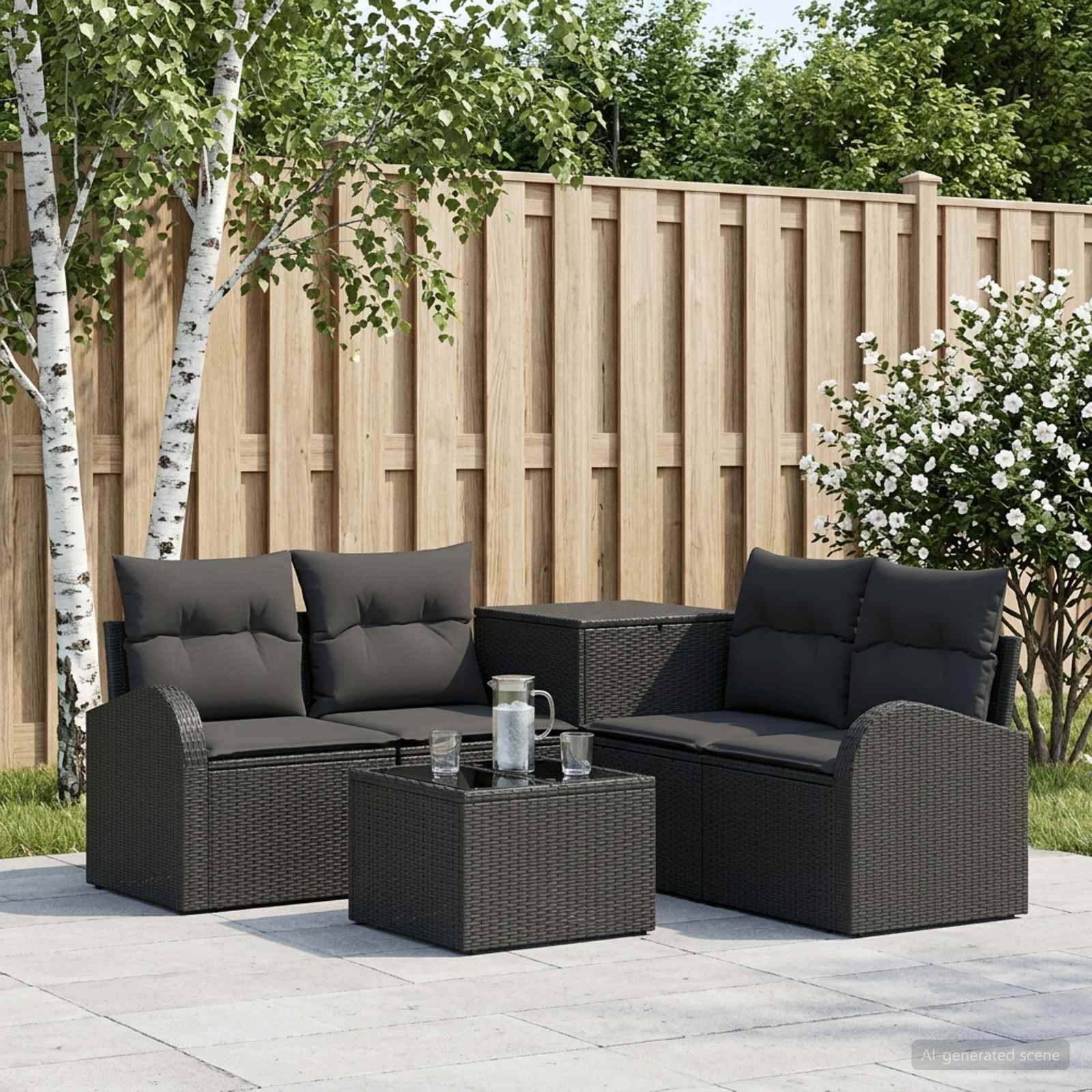 Outdoor-Sitzgarnitur für die Terrasse mit zwei schwarzen Rattan-Zweisitzern, einem quadratischen Couchtisch und Kissen neben einem Holzzaun und Bäumen.