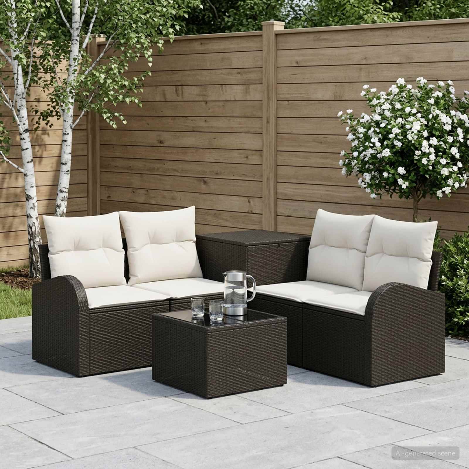 Outdoor-Sitzmöbel-Set mit zwei gepolsterten Korbliebessitzen, zwei quadratischen Ottomanen und einem Glastisch auf einer gepflasterten Terrasse neben einem Holzzaun und blühenden Sträuchern.