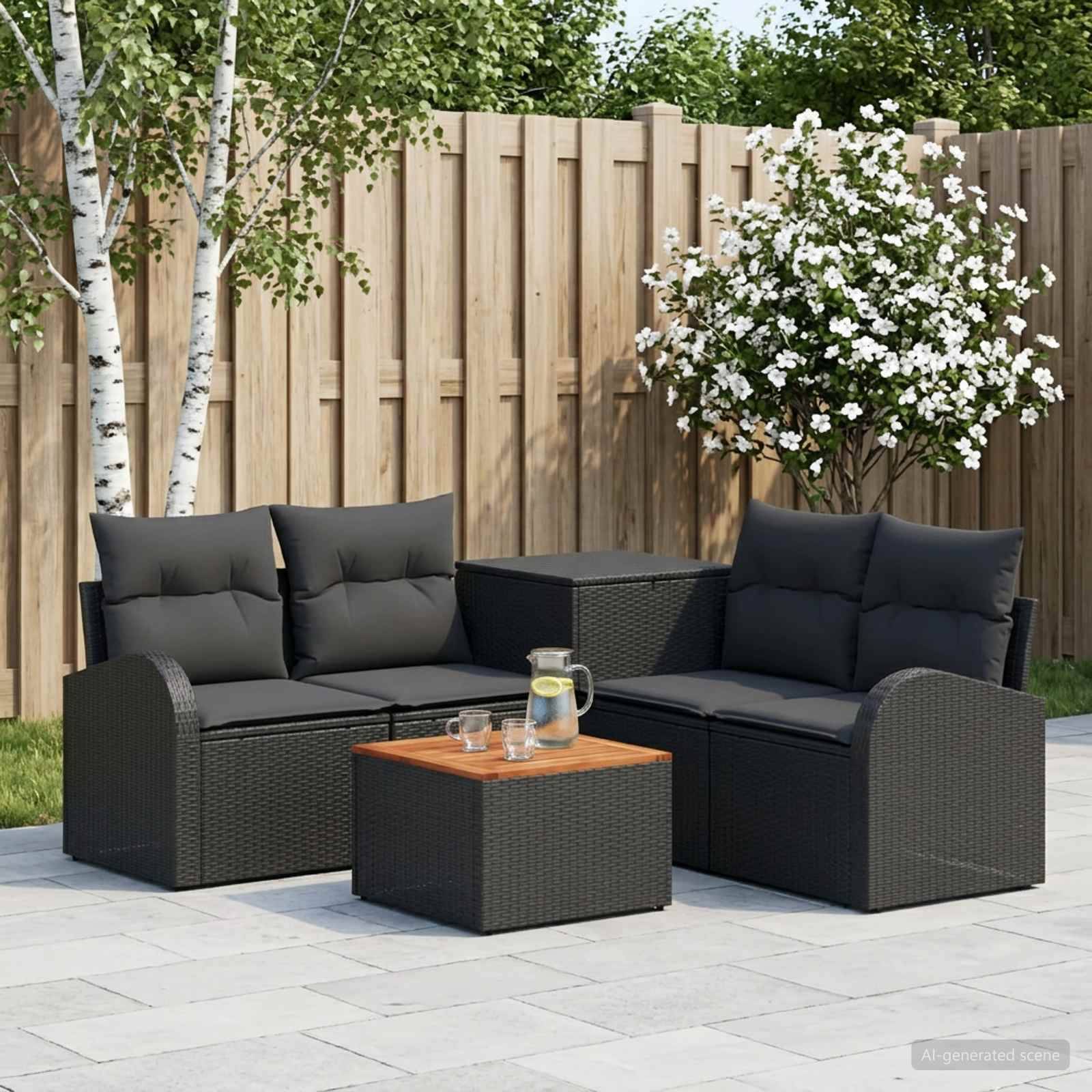 Outdoor-Terrassenbestuhlung mit zwei schwarzen Rattansofas, passendem Tisch und Getränken neben einem Holzzaun und blühenden Sträuchern.