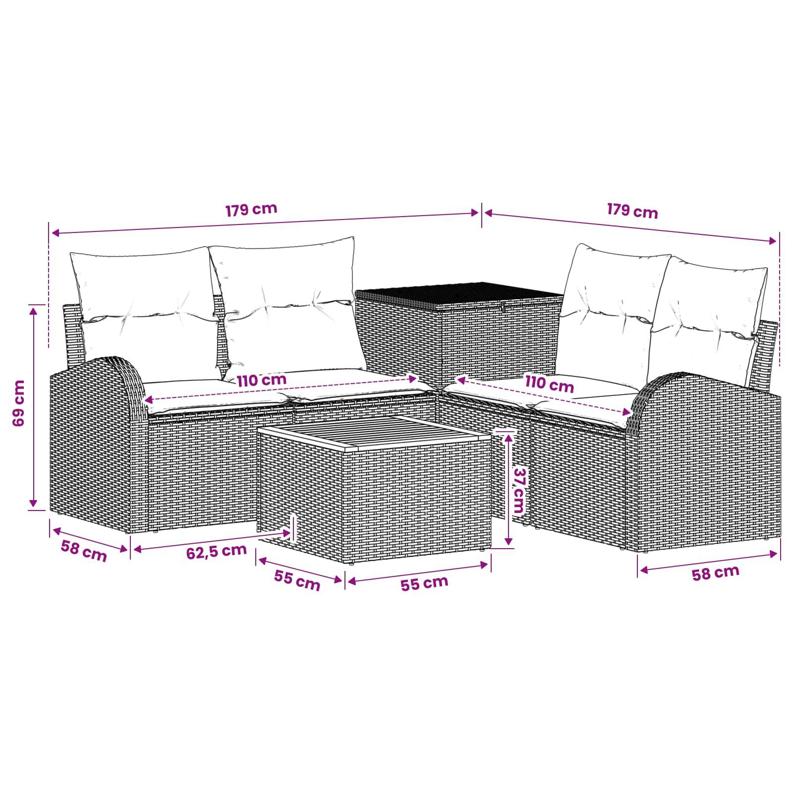 Diagramm eines modularen Outdoor-Rattansofas mit zwei Zweisitzern, einem Ecktisch und einem Couchtisch, beschriftet mit Abmessungen in Zentimetern.