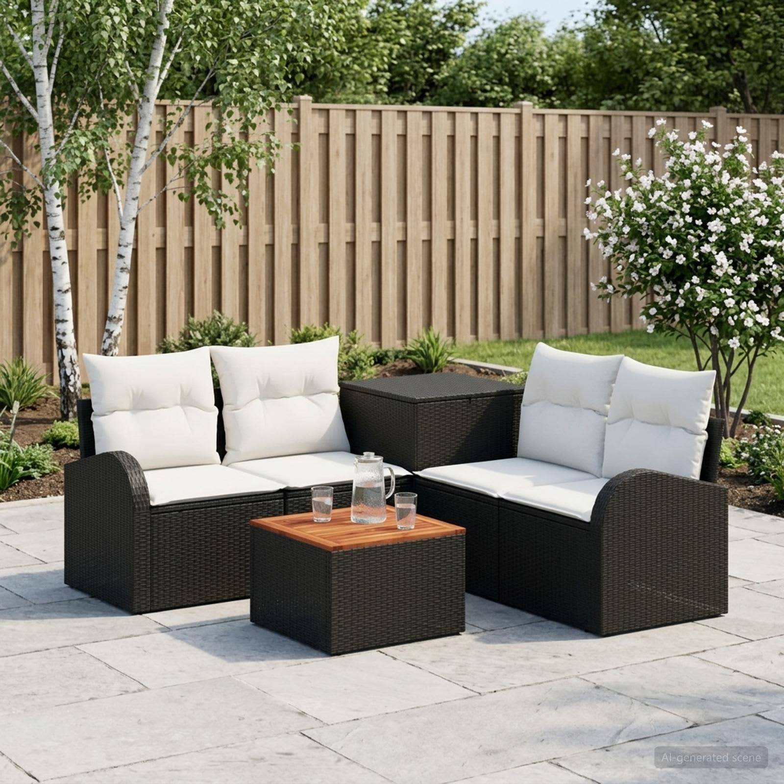 Gartenmöbel-Set für die Terrasse mit zwei schwarzen Korbgeflecht-Liebesitzen, passendem Tisch und weißen Kissen auf Steinbelag in einem gestalteten Hinterhof.