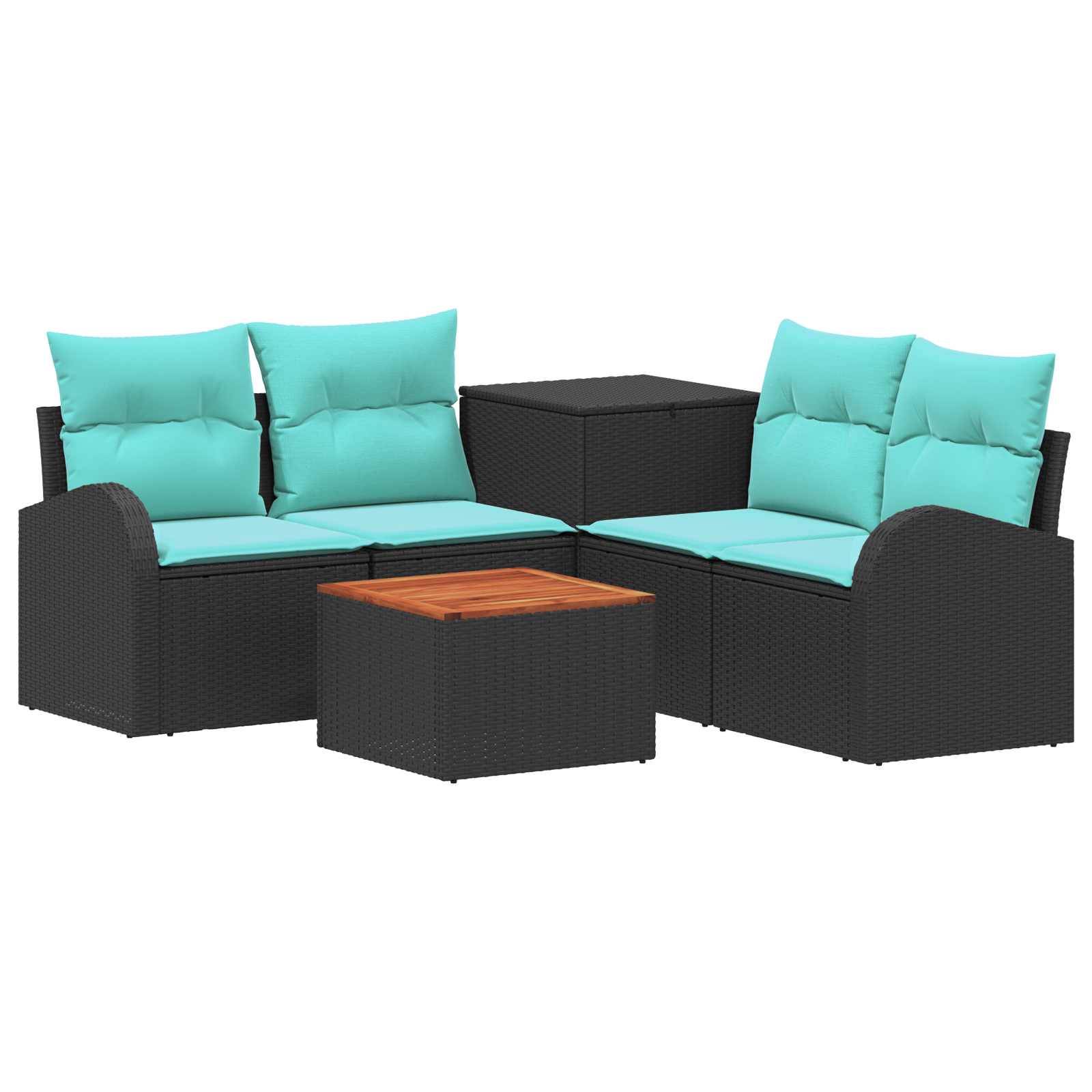 Schwarze geflochtene Patio-Eckgarnitur mit türkisfarbenen Kissen und passendem quadratischem Couchtisch auf weißem Hintergrund.