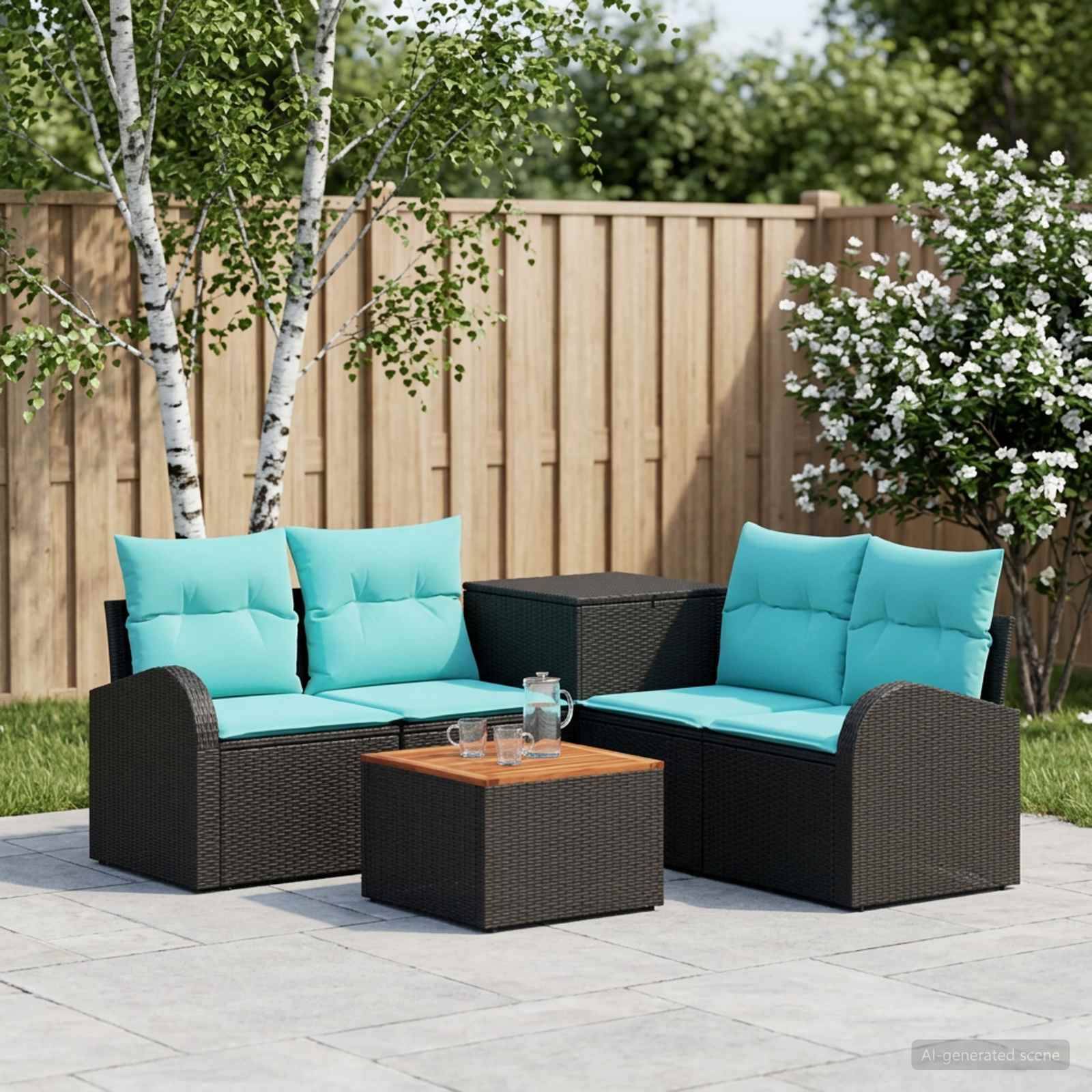 Outdoor-Sitzmöbel-Set mit zwei dunklen Korbmöbeln im Loveseat-Stil, türkisfarbenen Kissen und einem passenden Couchtisch auf einer Steinterrasse neben einem Holzzaun und Bäumen.