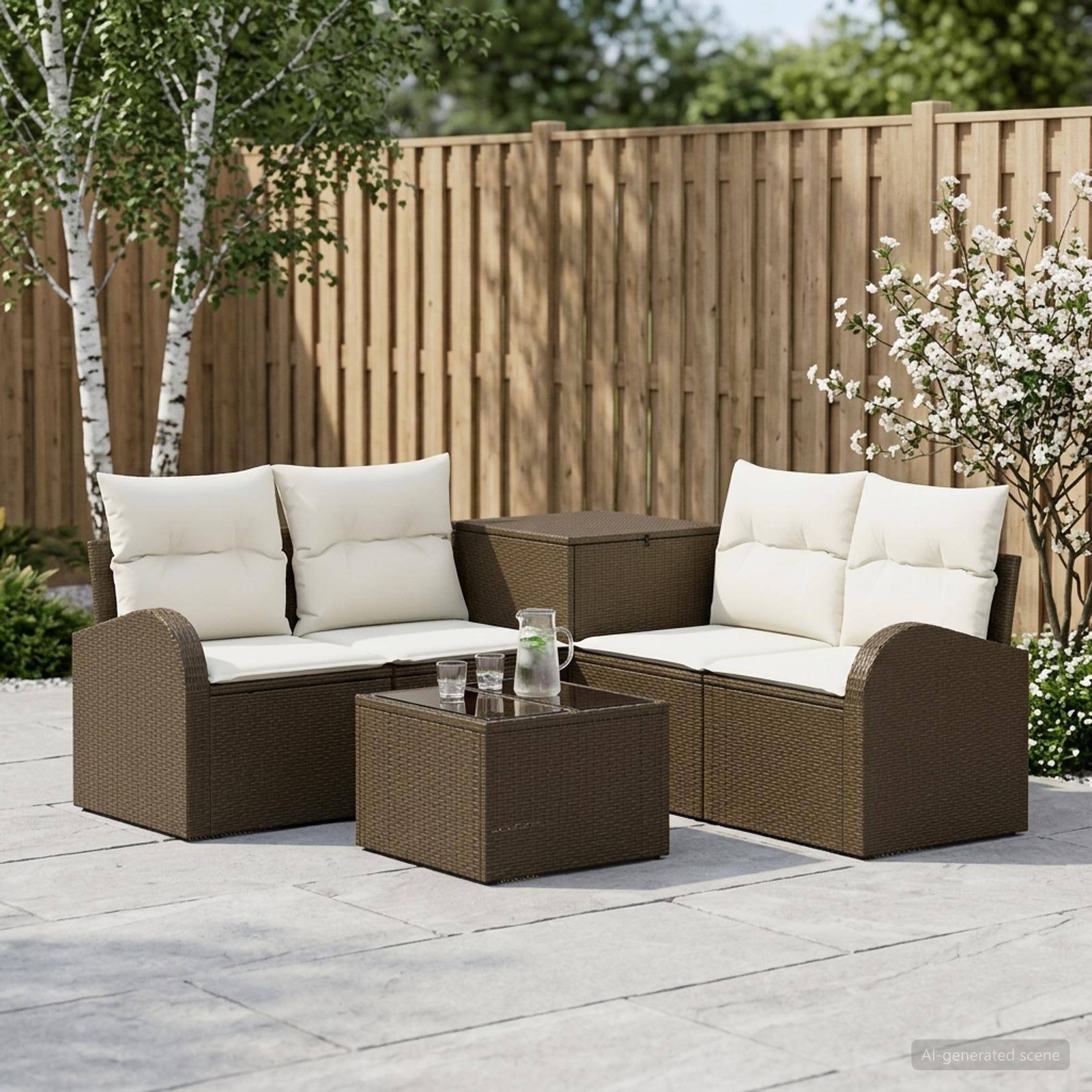 Gartenmöbel-Set für die Terrasse mit zwei Korbsesseln, einem passenden Tisch und weißen Kissen auf einer Steinterrasse vor einem Holzzaun und blühenden Sträuchern.