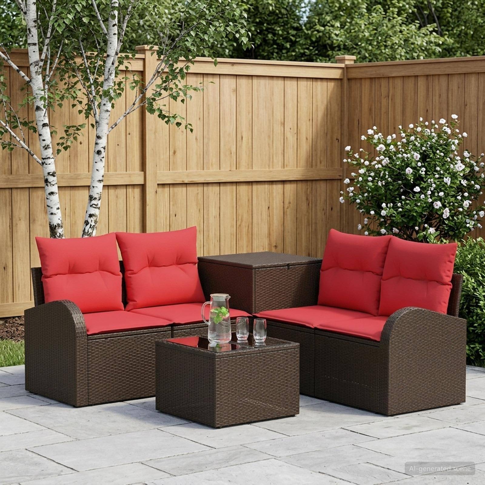 Gartenbereich mit zwei braunen Polyrattan-Zweisitzern, roten Kissen, quadratischem Couchtisch und Beistelltisch in einem eingezäunten Hinterhof.
