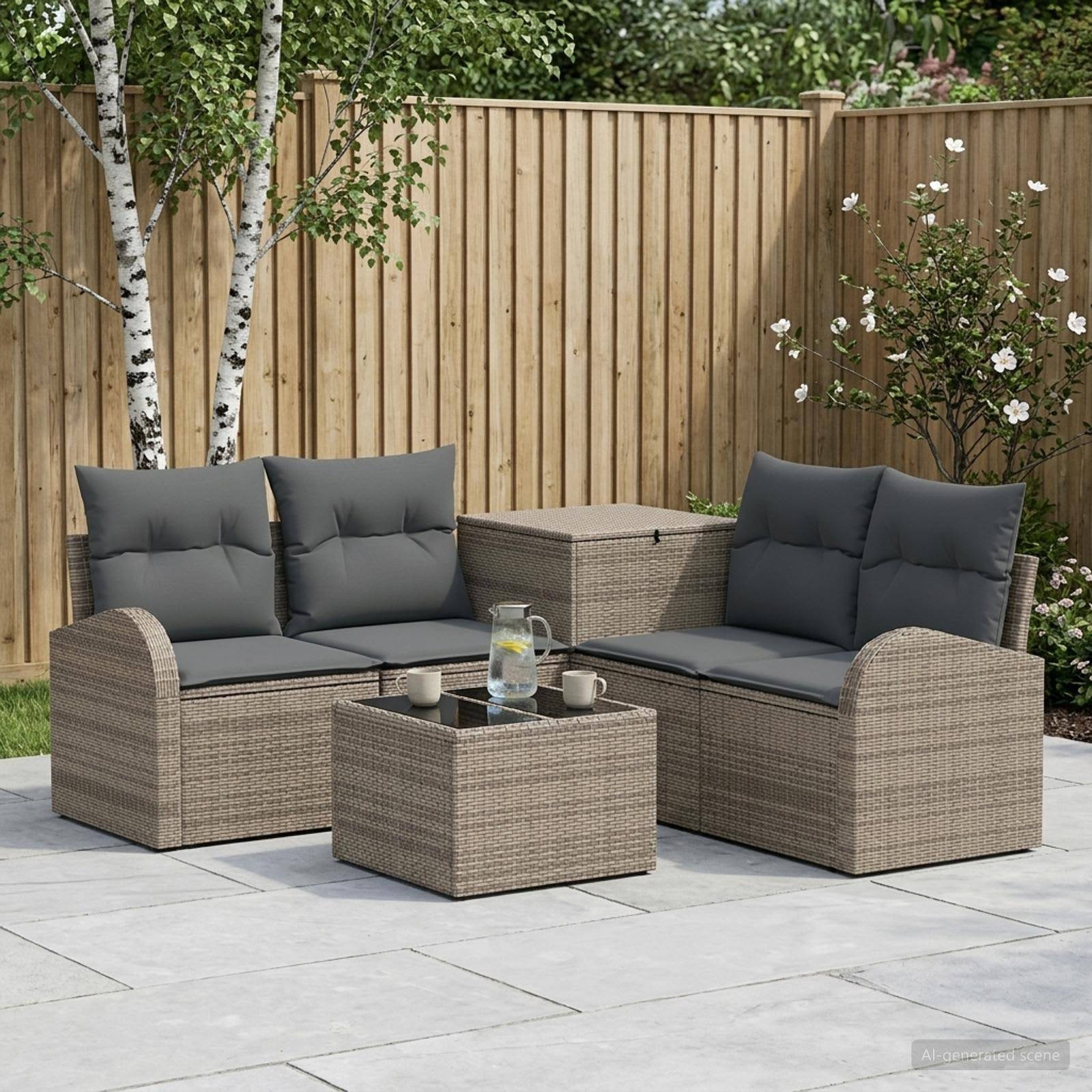 Sitzmöbel-Set für die Außenterrasse mit zwei Korbsofas, einem quadratischen Couchtisch und einem Polsterhocker vor einem Holzzaun und Garten.