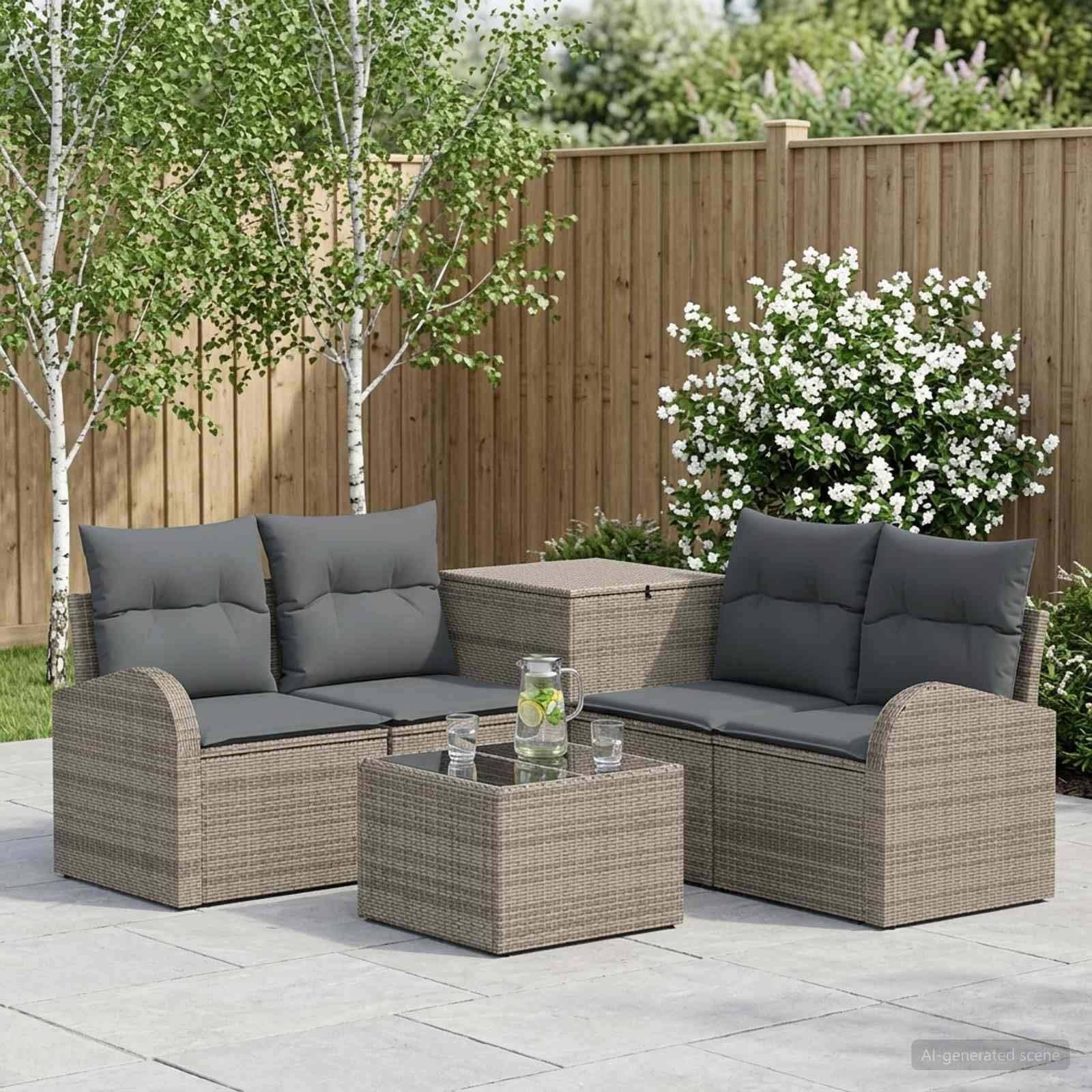 Gartenmöbel-Set aus Rattan mit zwei Sofas, zwei Ottomanen und einem Couchtisch auf einer Steinterrasse neben einem Holzzaun und blühenden Sträuchern.
