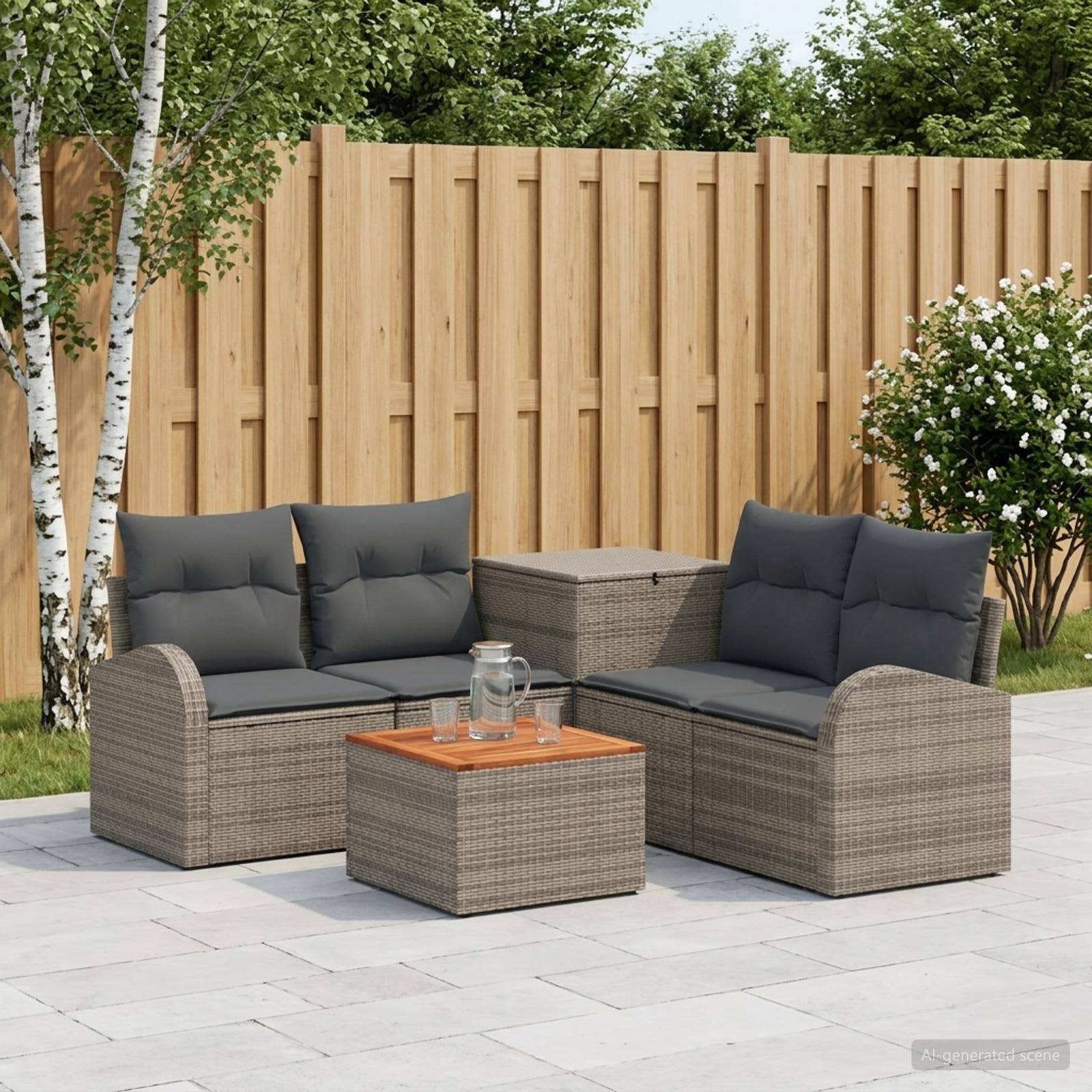 Gartenset im Außenbereich mit grauer Rattansektion, passendem Hocker/Tisch und Kissen auf einer gekachelten Terrasse neben einem Holzzaun und Sträuchern.
