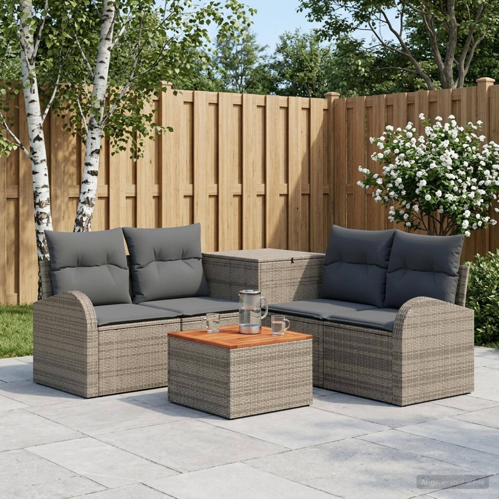 Außenbereich mit einer Terrasse mit grauen Rattan-Sitzkombinationen, passendem Tisch und Topfblumen vor einem Holzzaun.
