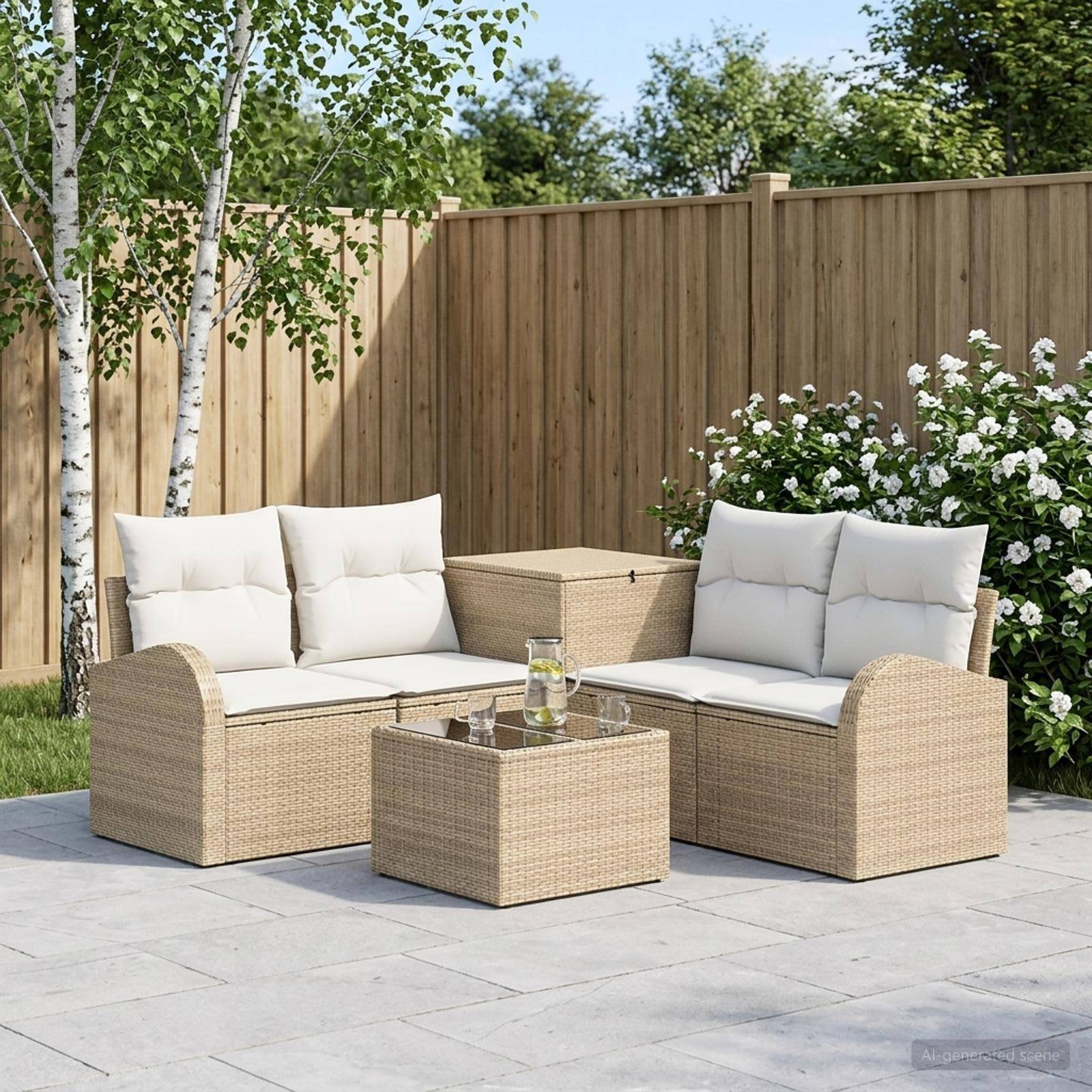 Outdoor-Terrassensitzgarnitur mit zwei Polyrattan-Zweisitzern, Glascouchtisch und cremefarbenen Kissen neben einem Holzzaun und weißen Blumen.