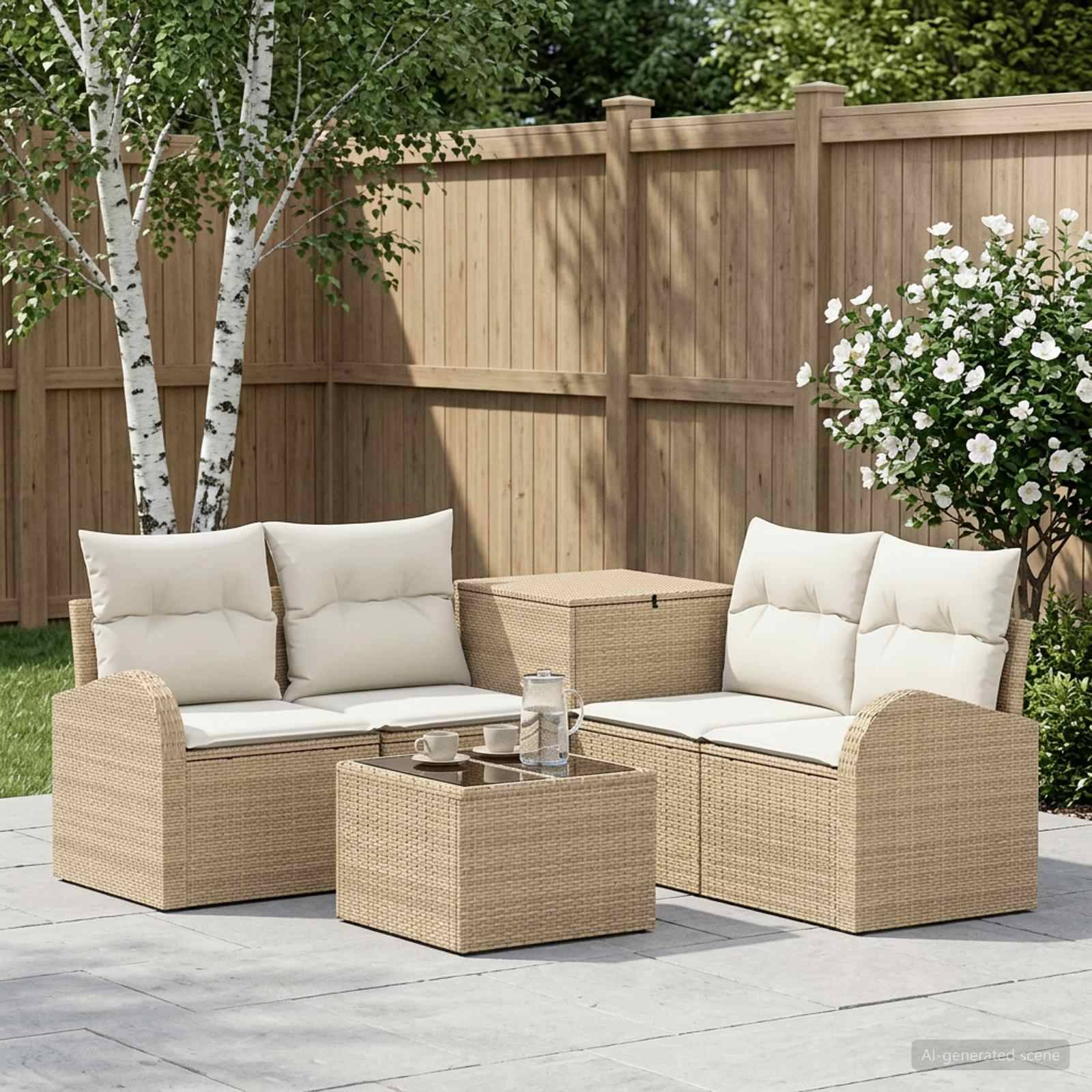 Gartenmöbel-Set für die Terrasse mit zwei Rattansofas, passendem Tisch und Kissen in einer eingezäunten Gartenanlage.