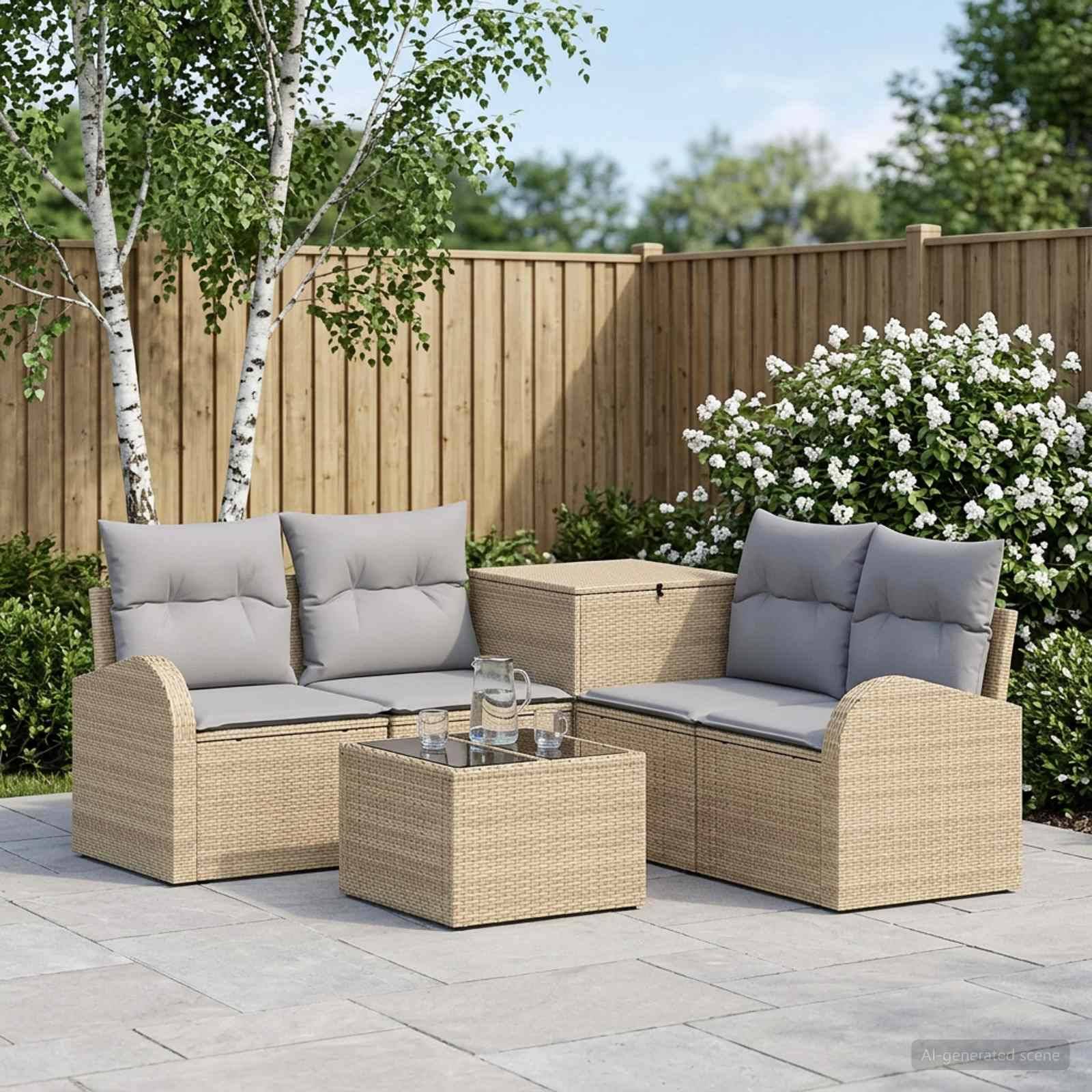 Zwei Korbgartensofas mit grauen Kissen und einen passenden Couchtisch auf einer Terrasse, mit einem Holzzaun und blühenden Sträuchern dahinter.