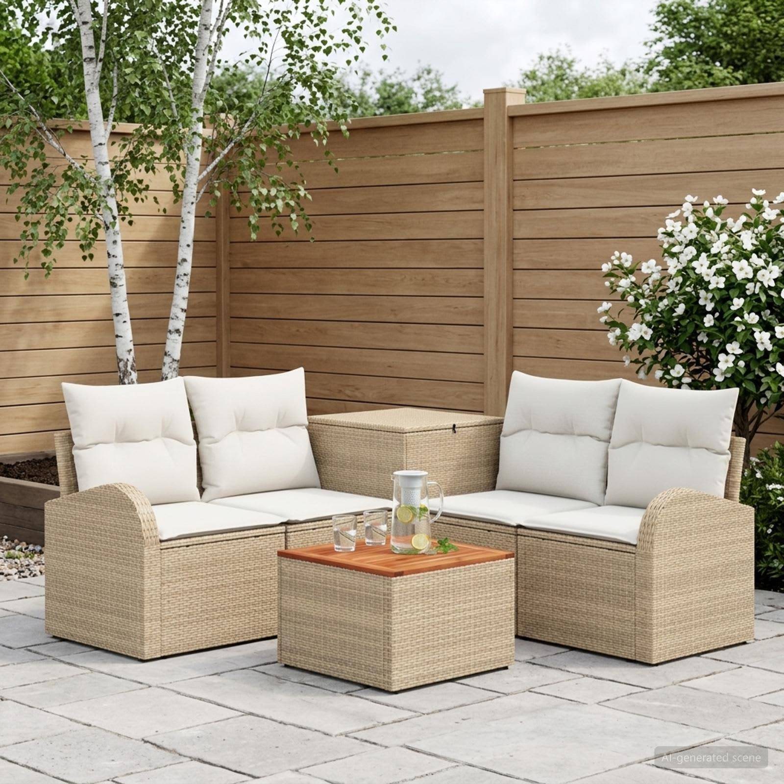 Sitzgruppe für die Terrasse im Freien mit zwei beigefarbenen Rattan-Zweisitzern, weißen Kissen und einem kleinen passenden Tisch auf einer gefliesten Terrasse neben einem Holzzaun und Blumen.