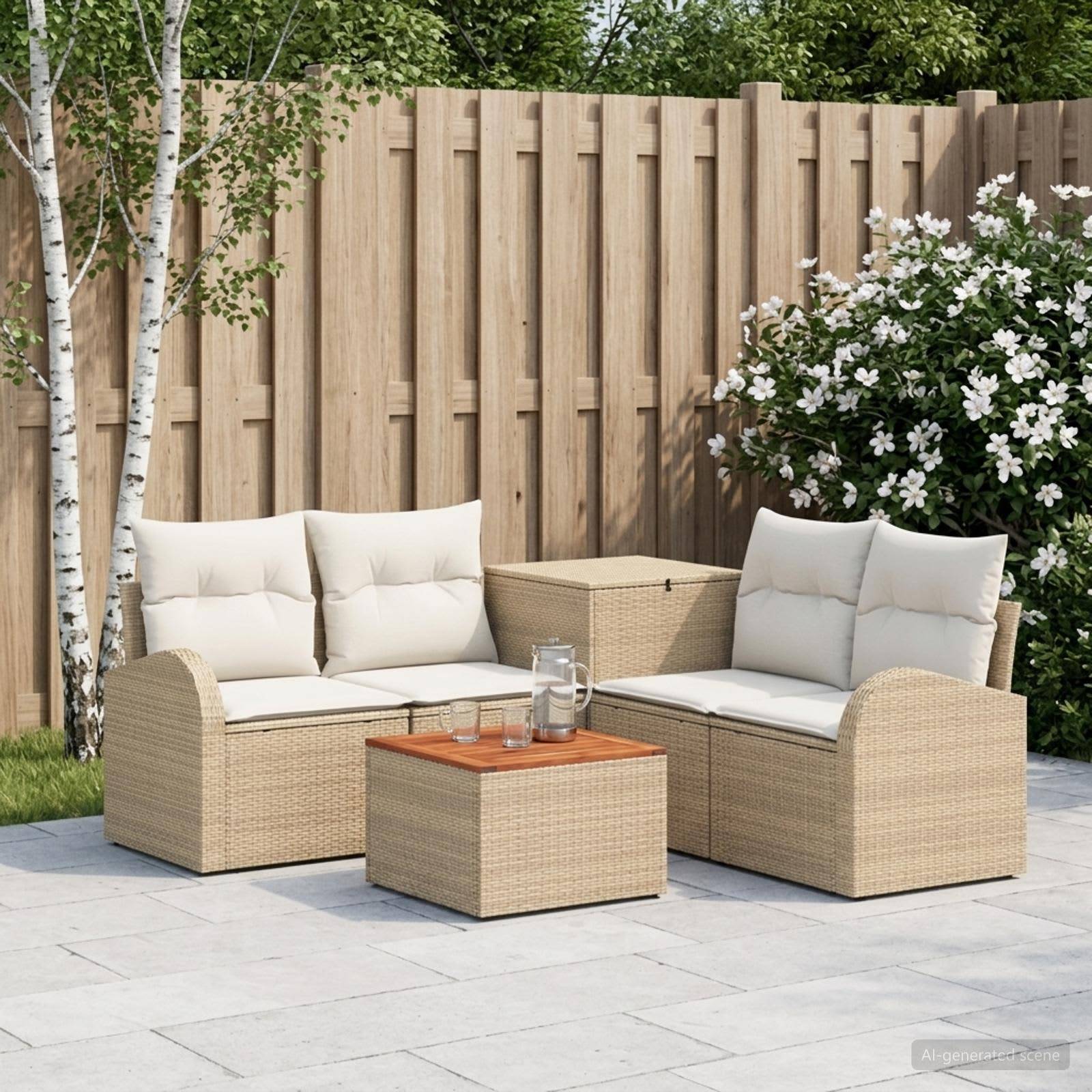 Gartenmöbel-Set für die Terrasse mit zwei Korbsofas, passendem Tisch und Kissen neben einem Holzzaun und einem blühenden Strauch.