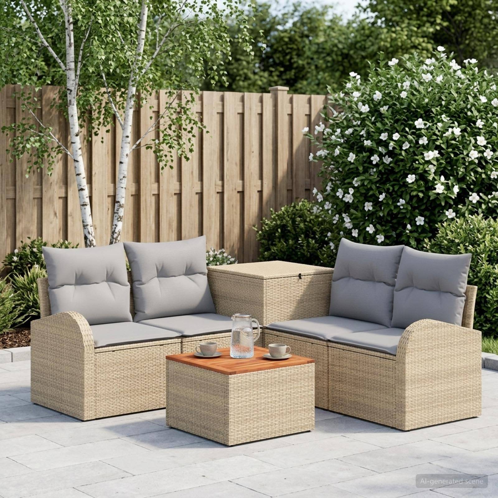 Gartenset für die Terrasse mit zwei Korbliebessitzen, passendem Tisch und Kissen auf einer gepflasterten Terrasse neben einem Holzzaun und Gartensträuchern.