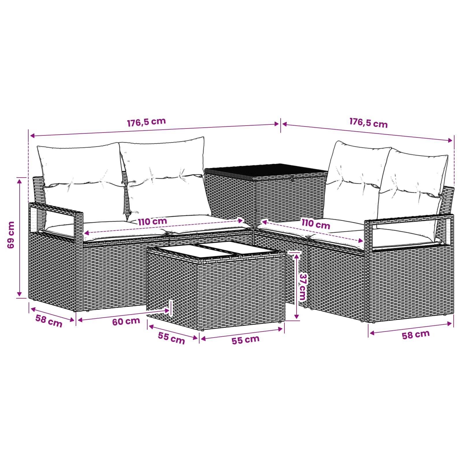 Abmessungsdiagramm eines L-förmigen Outdoor-Rattansofa-Sets mit zwei Zweisitzern, Eckentisch, Ottomane und Maßen in cm.