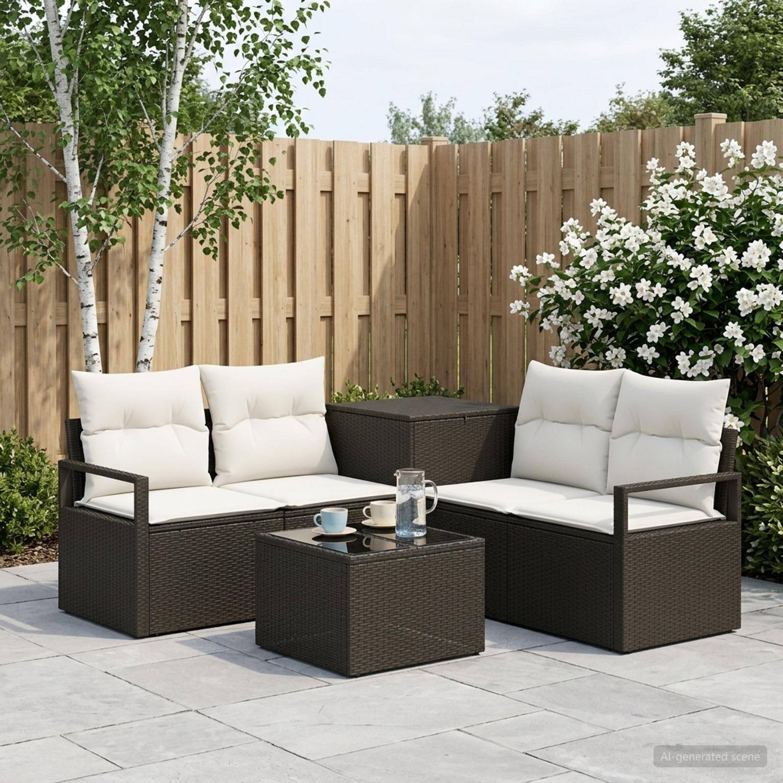 Außenbereich-Sitzmöbel mit zwei gepolsterten Sofas, passendem Tisch und Getränken auf einer gefliesten Terrasse neben einem Holzzaun und blühenden Sträuchern.