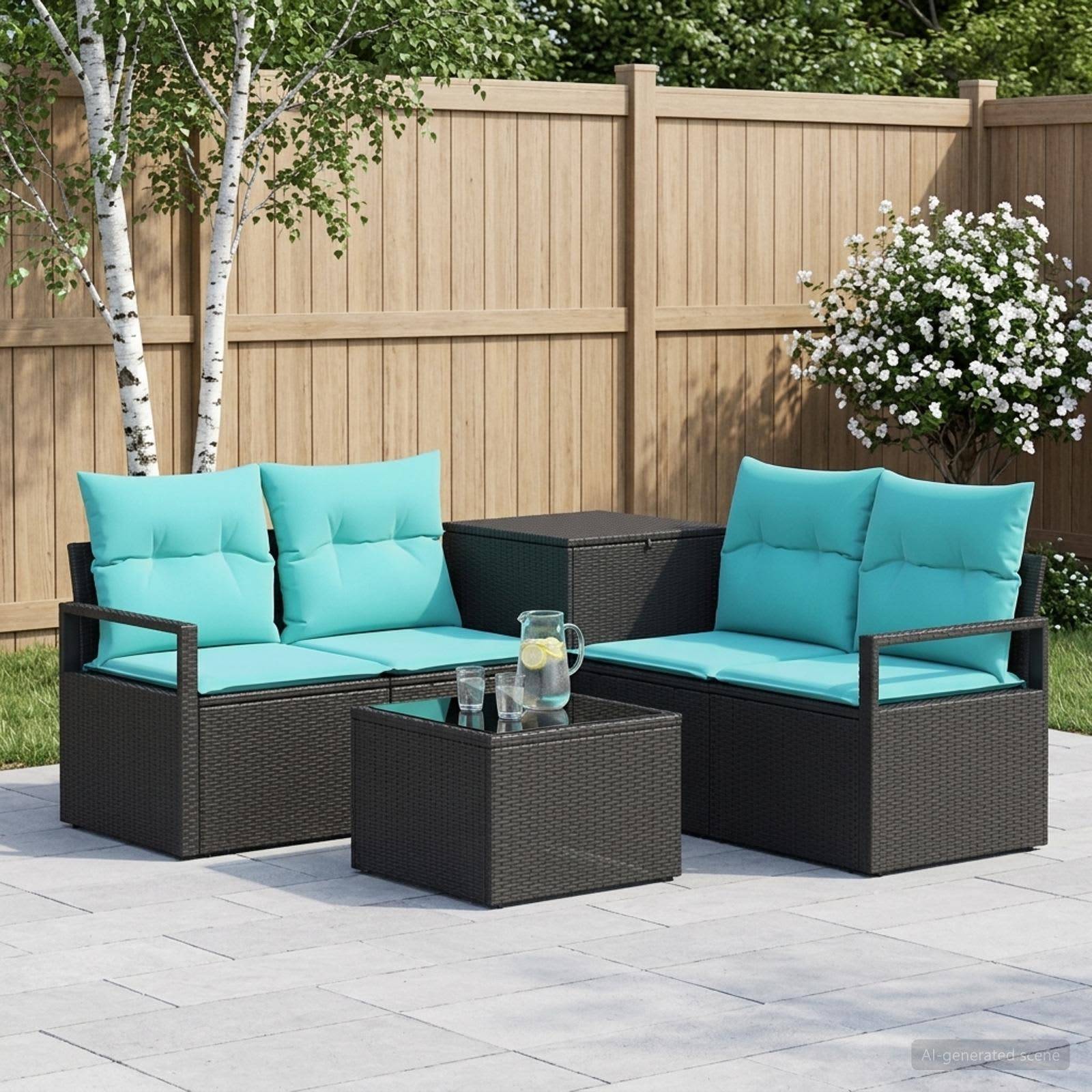 Gartenplatz-Sitzgruppe mit türkisen Kissen, schwarzem Polyrattan-Loveseat, Stühlen und Couchtisch auf einer Steinterrasse neben einem Holzzaun und einem blühenden Strauch.