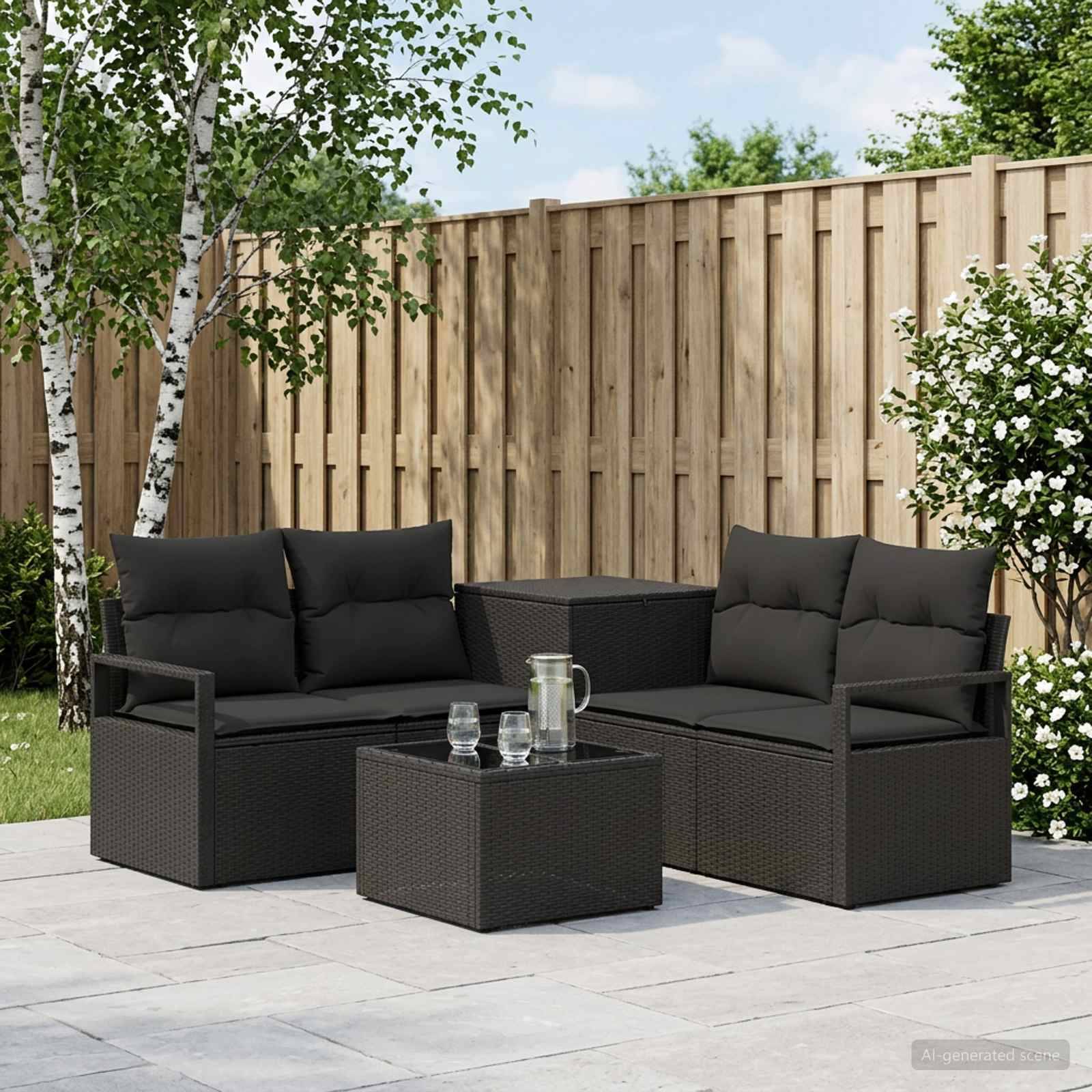 Gartenplatz-Sitzgruppe mit zwei dunklen Rattanliebessitzen, einem quadratischen Couchtisch und einem Glaskrug mit Tassen auf einer Steinterrasse neben einem Holzzaun und Bäumen.